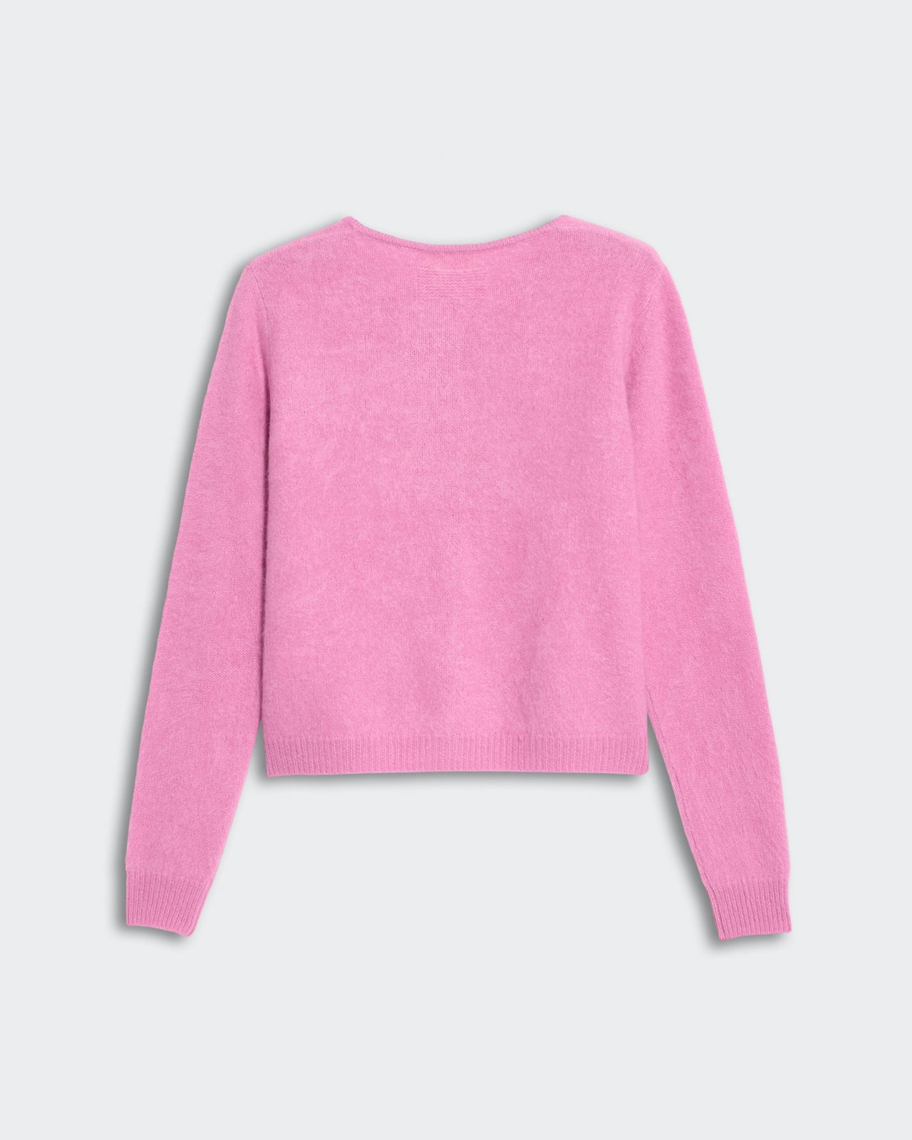 Back view of a pink Grizzly brushed cashmere crew-neck cardigan for women with ribbed hem and cuffs.