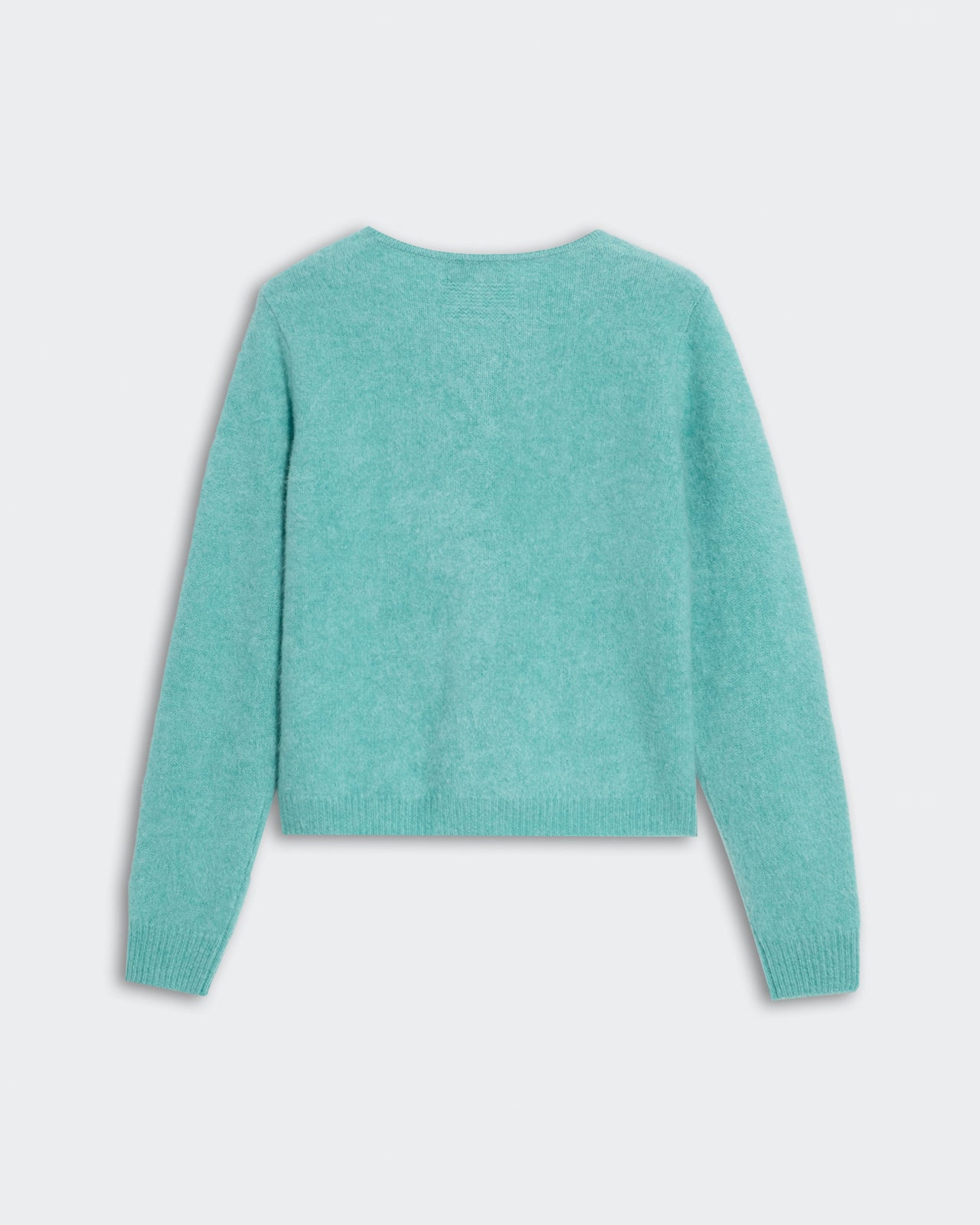 Grizzly Cardigan - Glacier in light teal, soft knit fabric, long sleeves, ribbed cuffs and hem, back view on plain background.