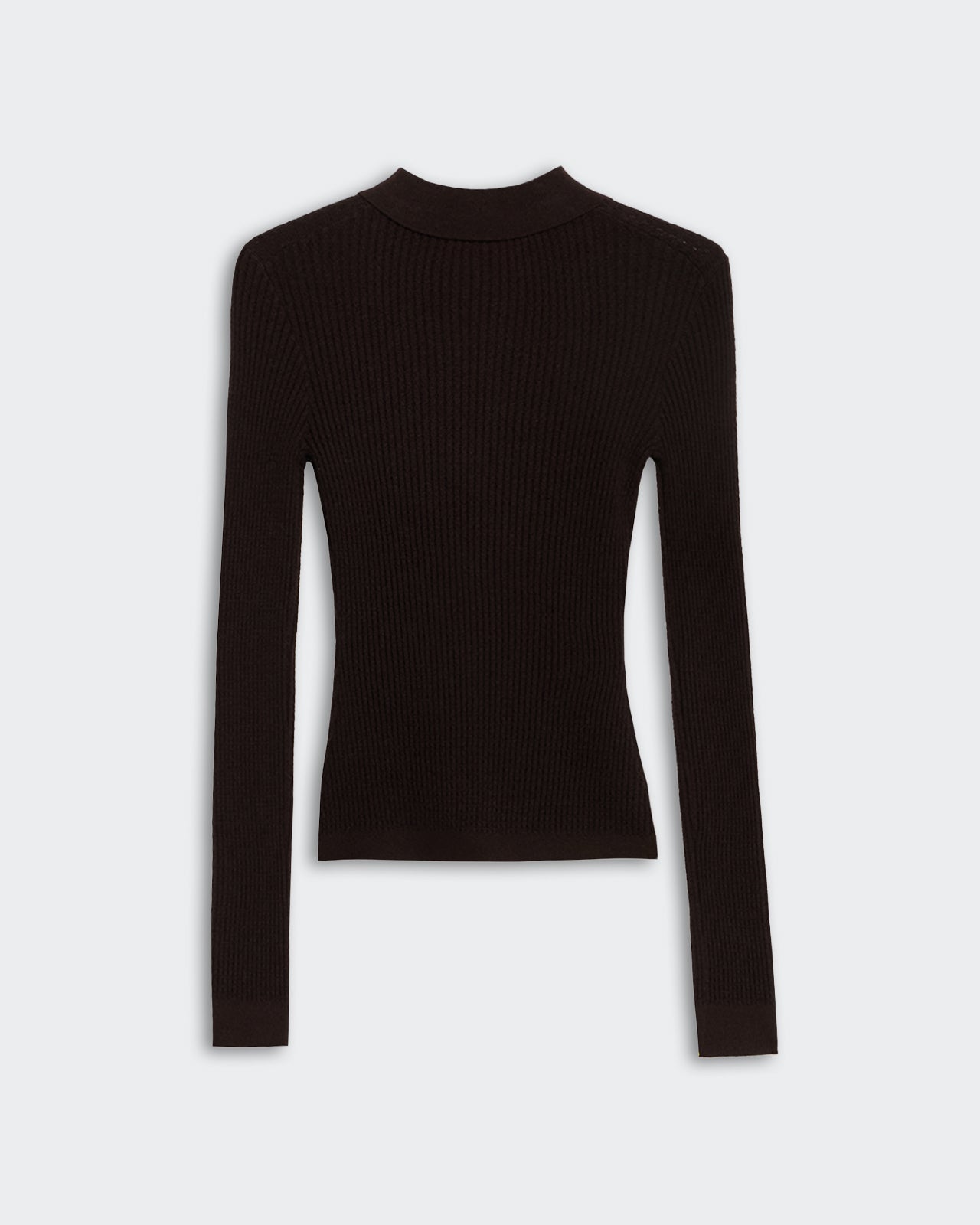 LS Shrunken Polo - Burnt Cocoa, women's fitted long sleeve ribbed waffle knit cashmere top back view.