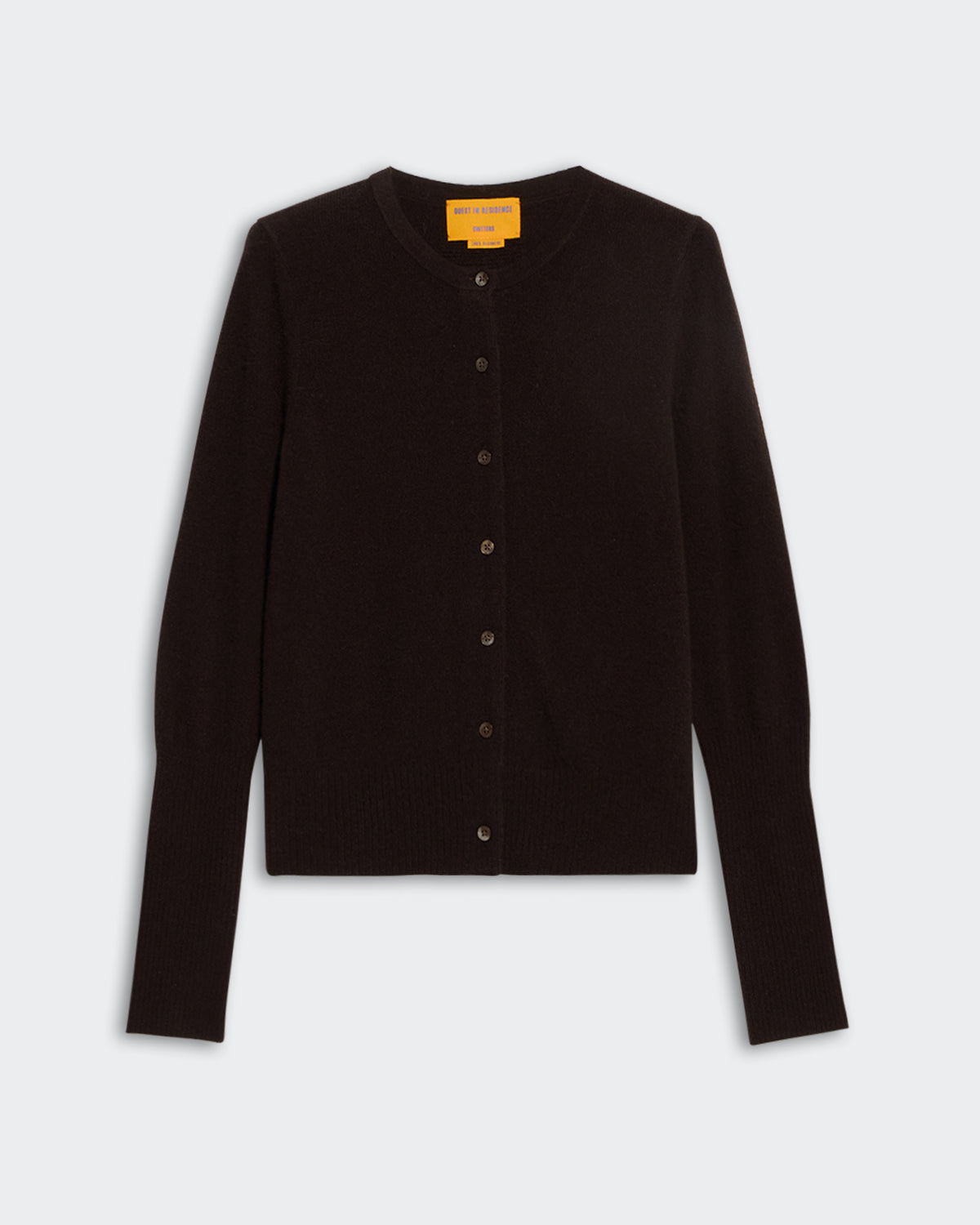 Jane Cardigan - Burnt Cocoa, long sleeve button-up soft knit cardigan in deep brown color laid flat on white background