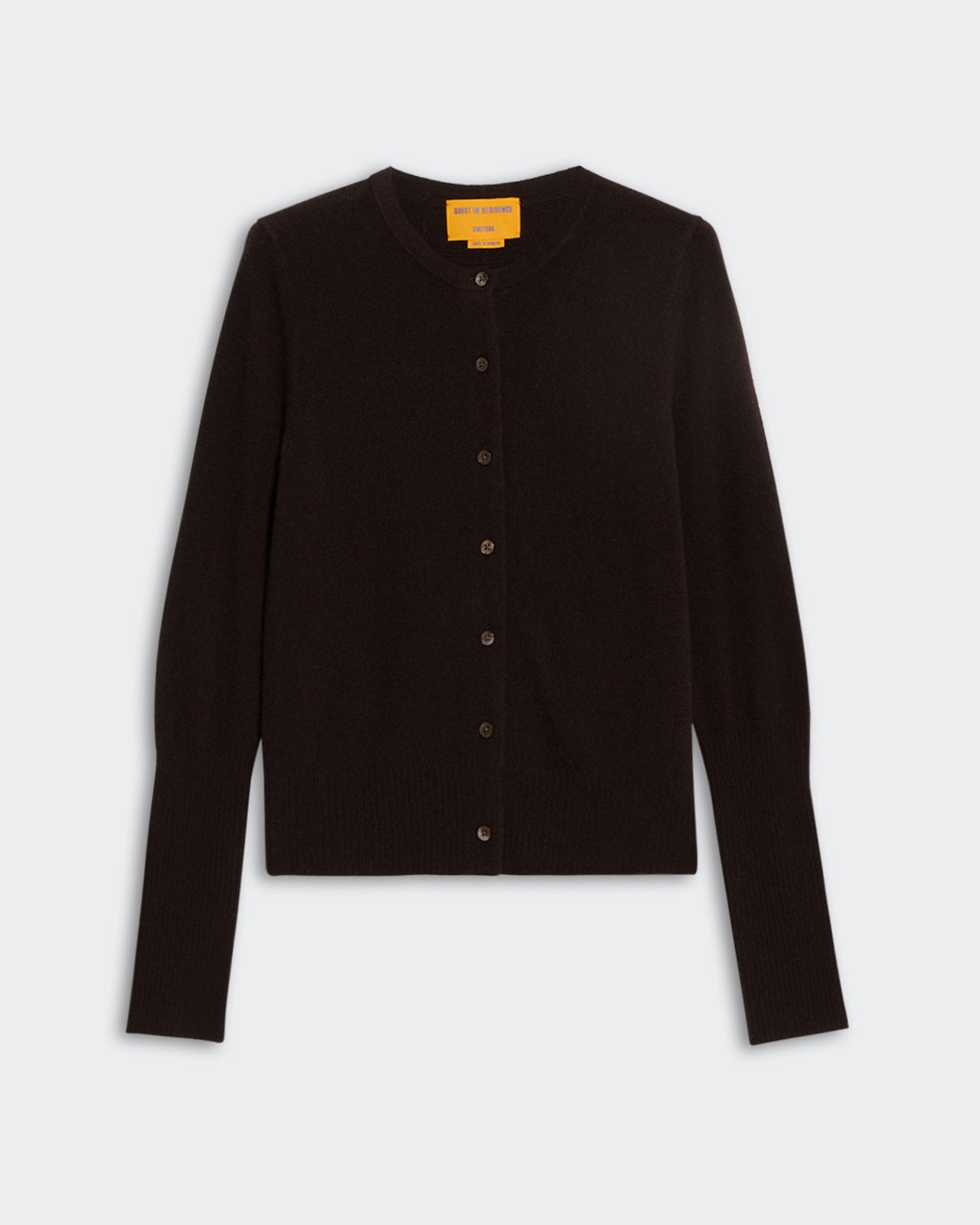 Jane Cardigan - Burnt Cocoa, long sleeve button-up soft knit cardigan in deep brown color laid flat on white background