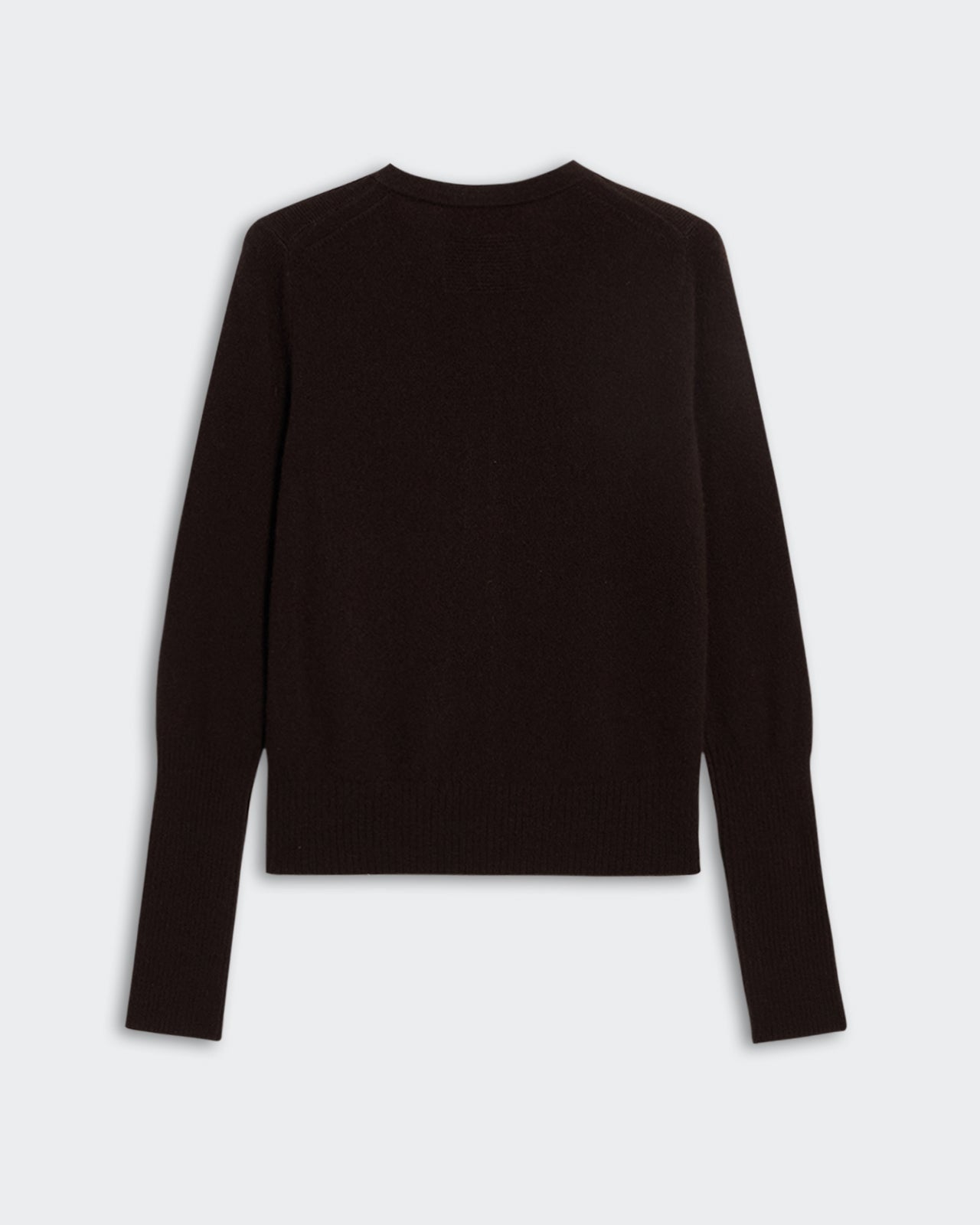 Jane Cardigan - Burnt Cocoa shown flat from the back in a dark brown knitted fabric with long sleeves.