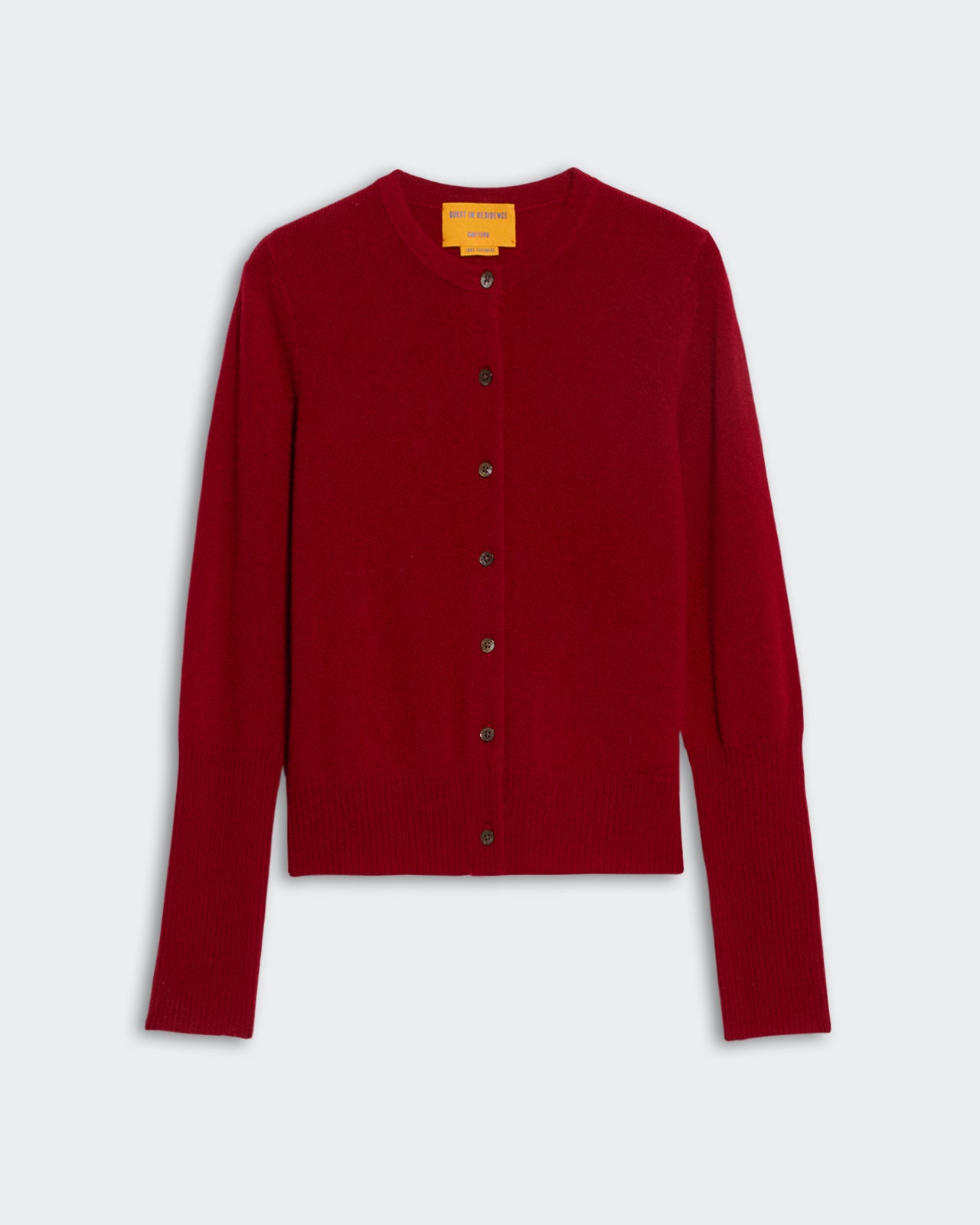 Ruby red button-up cardigan with long sleeves and ribbed cuffs, Jane Cardigan - Ruby in classic style.