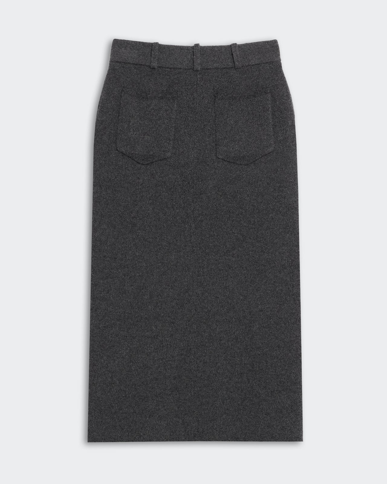 Tailored Skirt - Charcoal with back pockets and belt loops in a sleek, straight silhouette on a plain background.