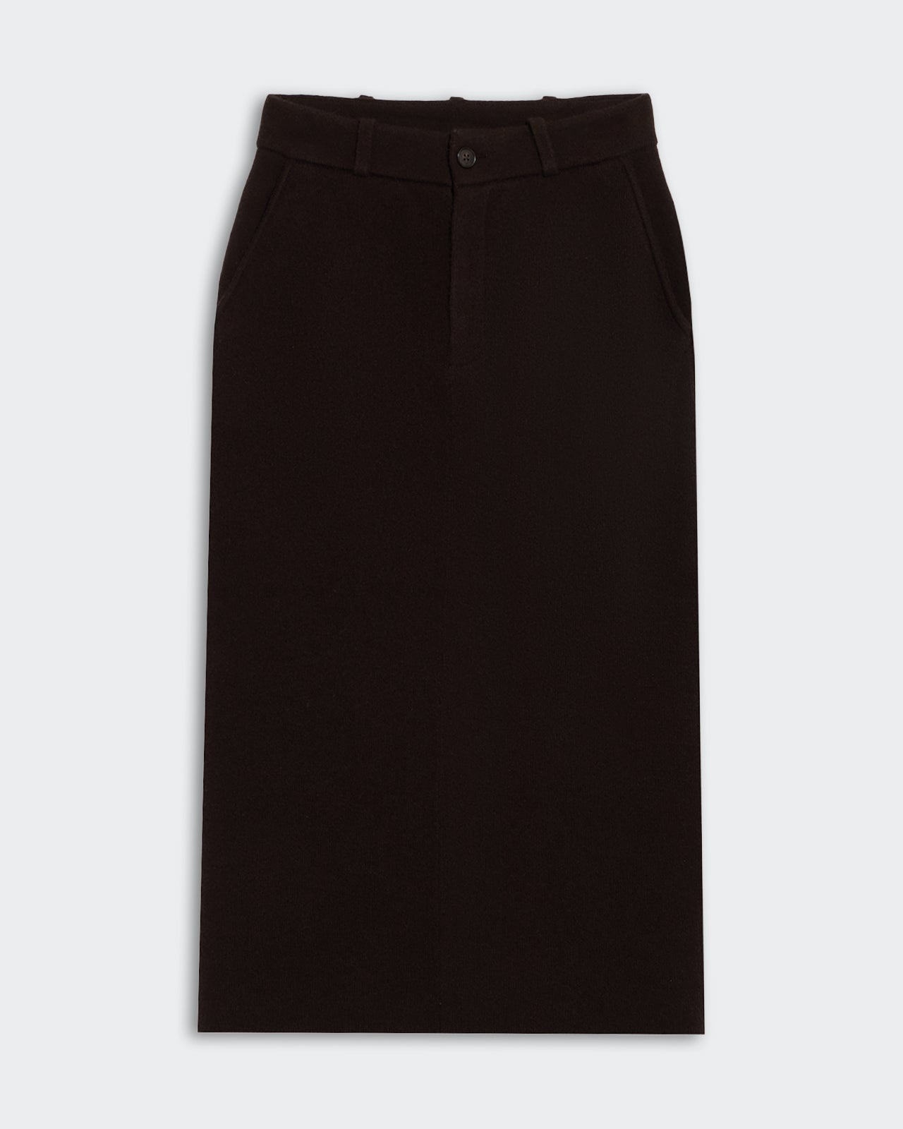 Tailored Skirt - Burnt Cocoa with front button closure, belt loops, and side pockets in a sleek, fitted design.