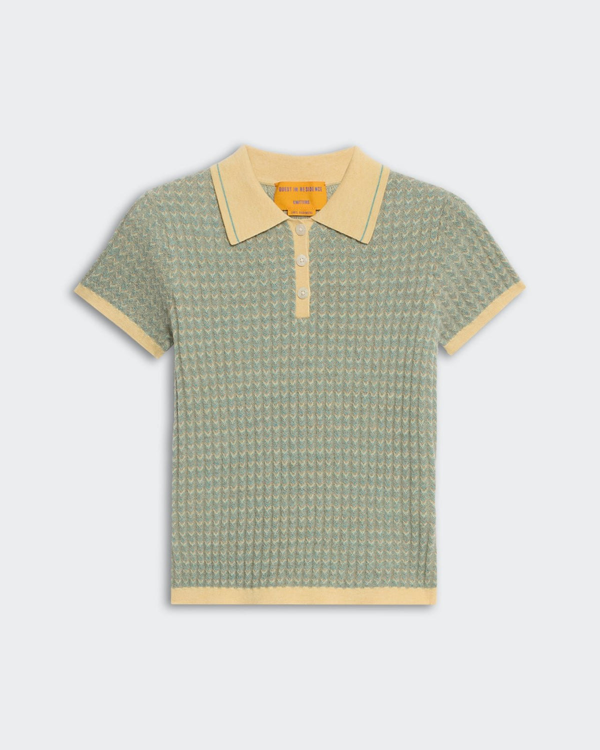 Chevron Shrunken Polo - Butter Combo short sleeve knit polo shirt with yellow collar and chevron pattern in green and beige.