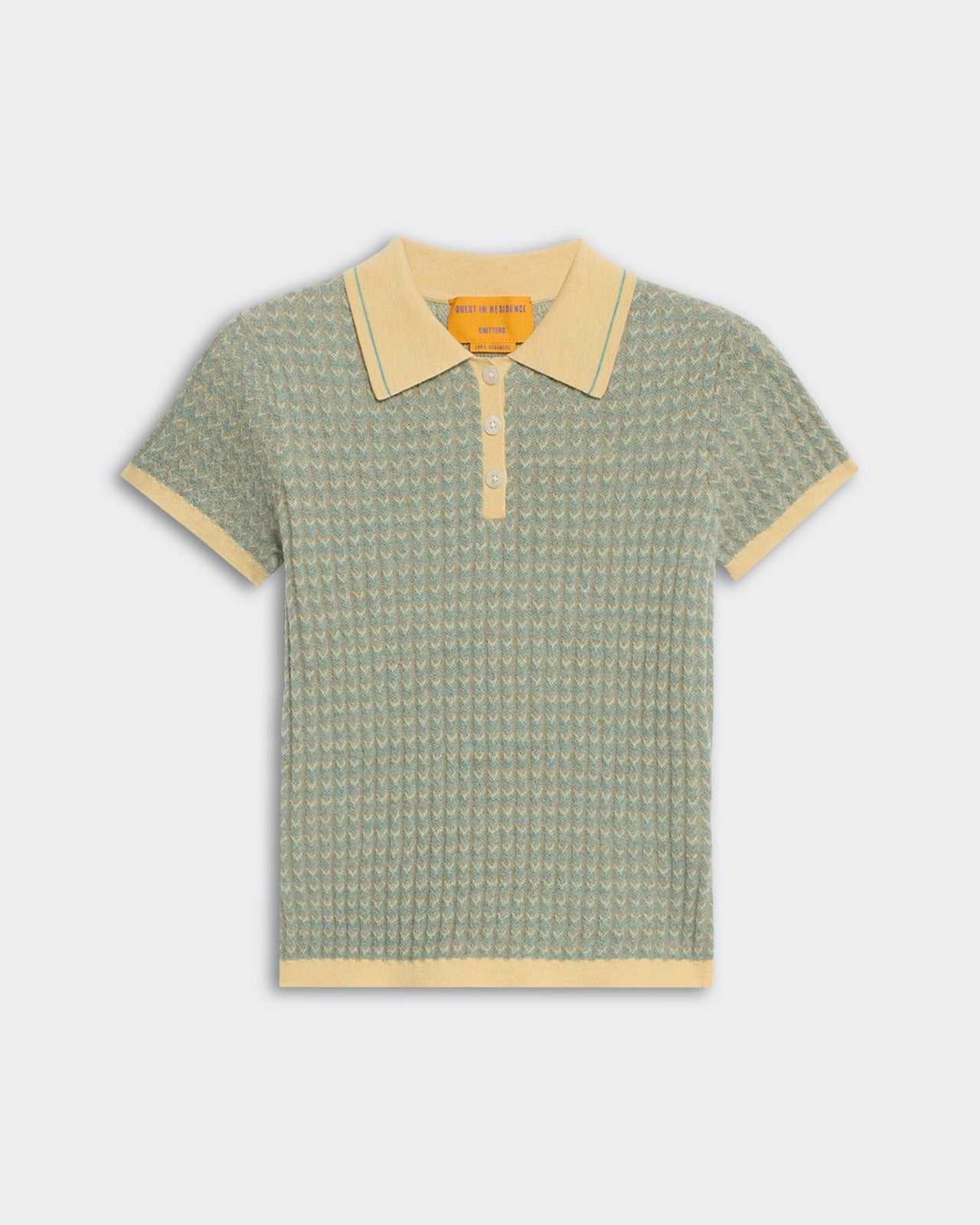 Chevron Shrunken Polo - Butter Combo short sleeve knit polo shirt with yellow collar and chevron pattern in green and beige.