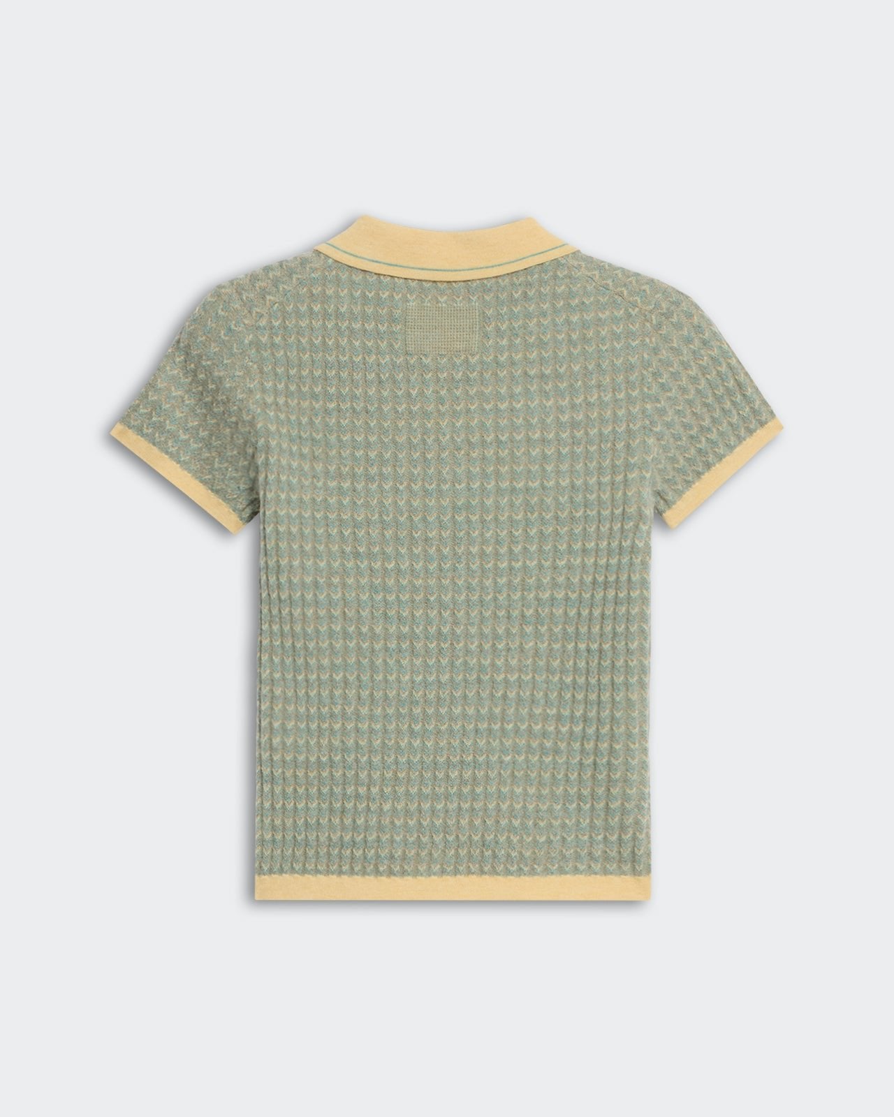 Chevron Shrunken Polo Butter Combo showing back view with light blue chevron pattern and butter yellow collar and cuffs