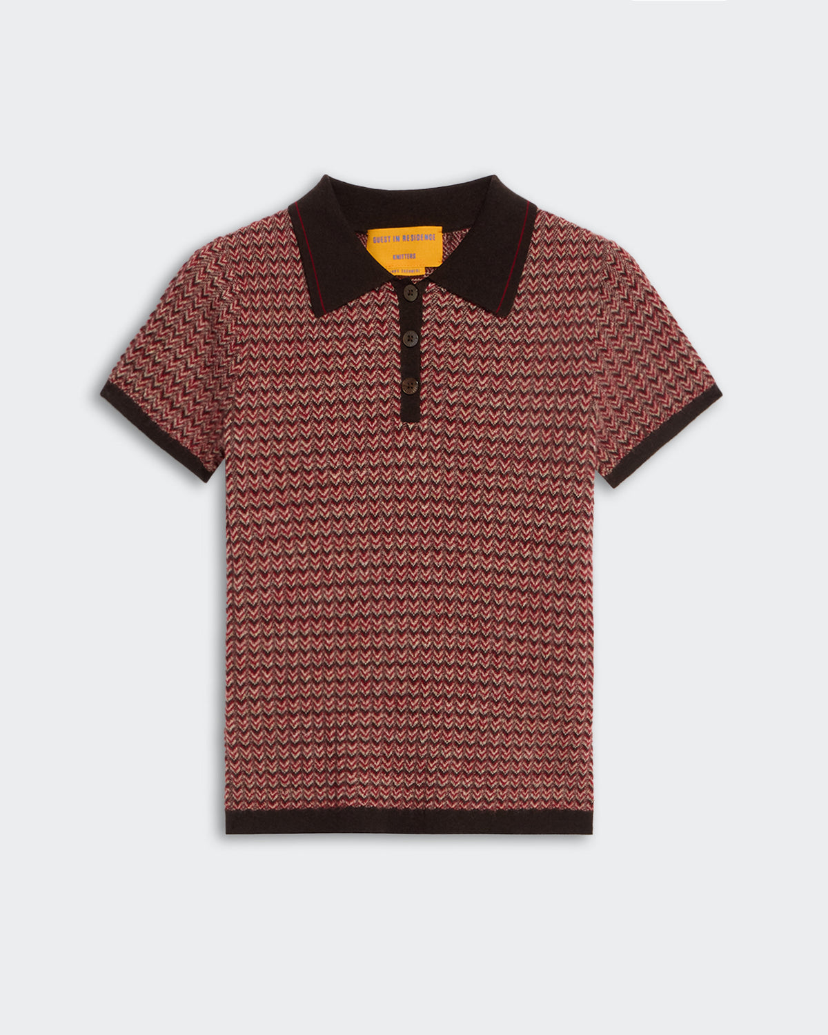 Chevron Shrunken Polo Burnt Cocoa Combo with black collar and cuffs, featuring a zigzag pattern in warm tones.