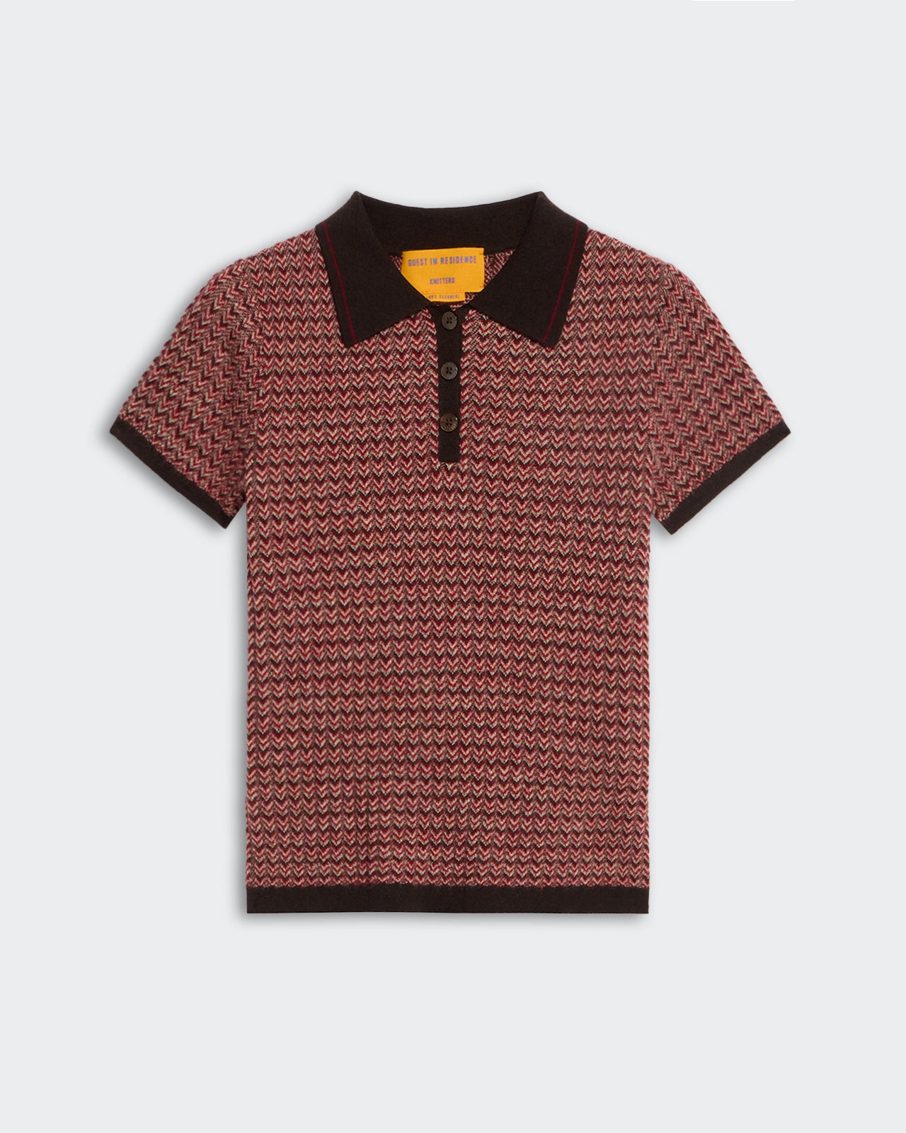 Chevron Shrunken Polo Burnt Cocoa Combo with black collar and cuffs, featuring a zigzag pattern in warm tones.