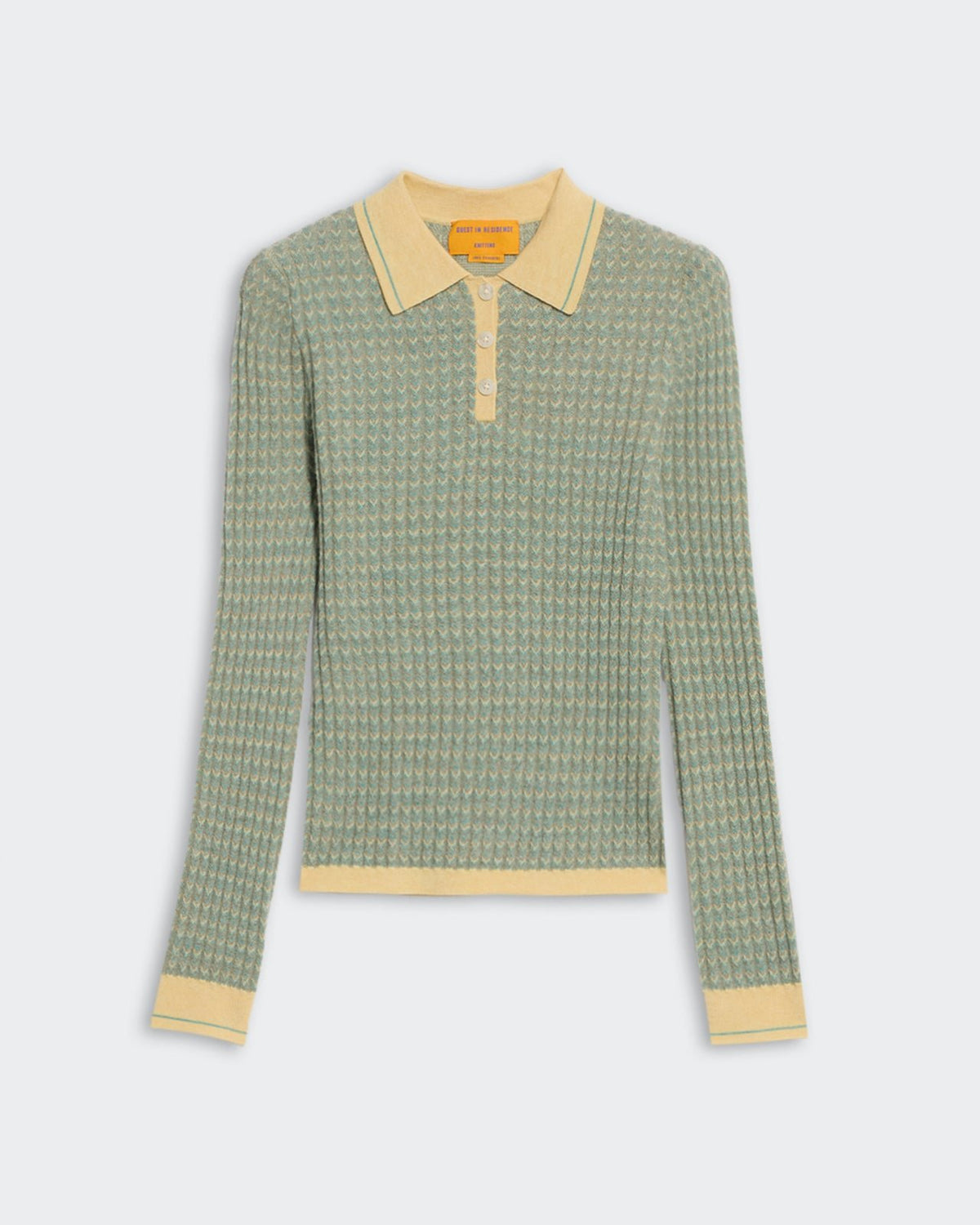 Chevron L/S Shrunken Polo Butter Combo with long sleeves, buttoned collar, and detailed knit pattern in green and yellow tones
