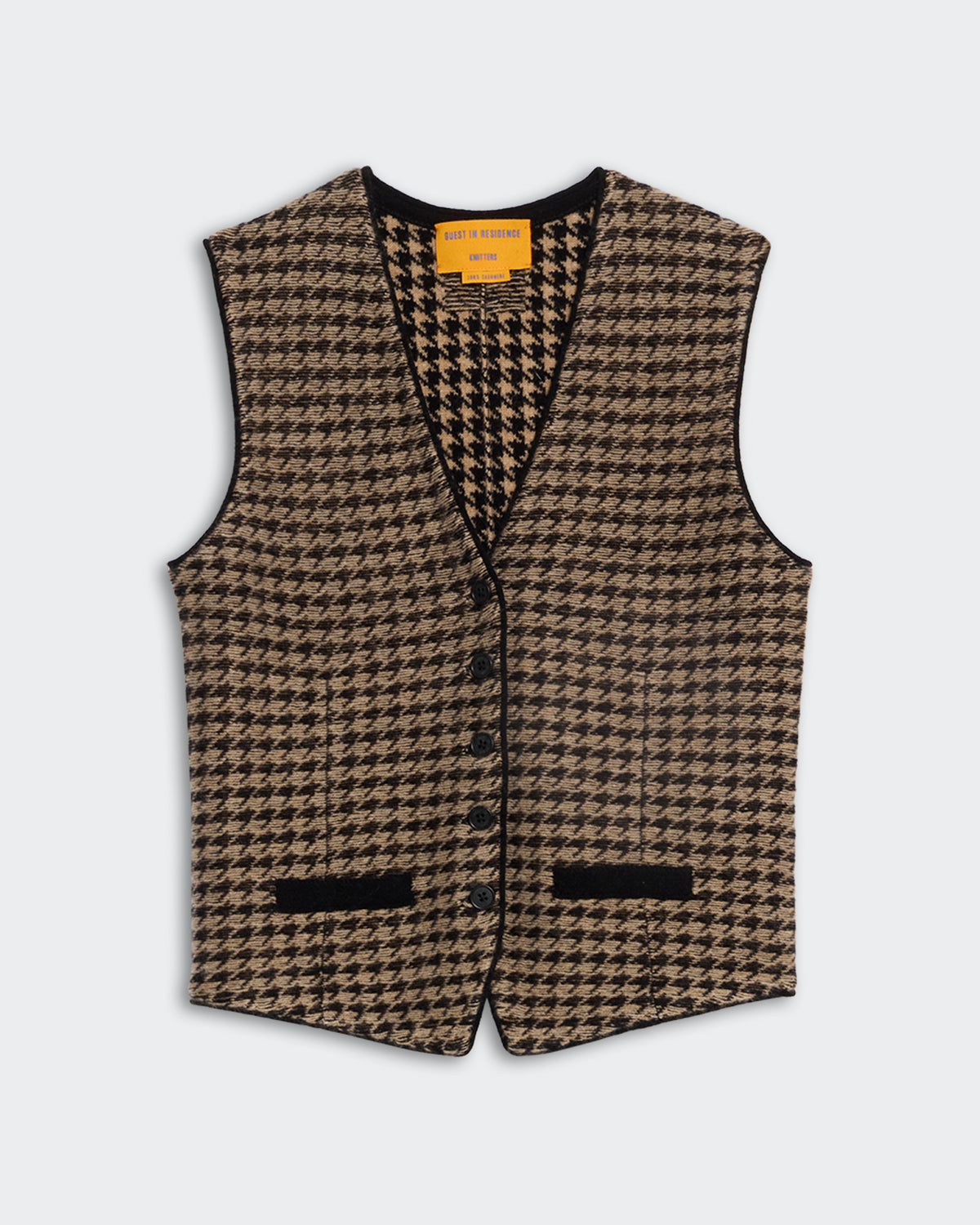Houndstooth Tailored Vest - Black/Dune in premium cashmere with front buttons and faux pocket details for women.