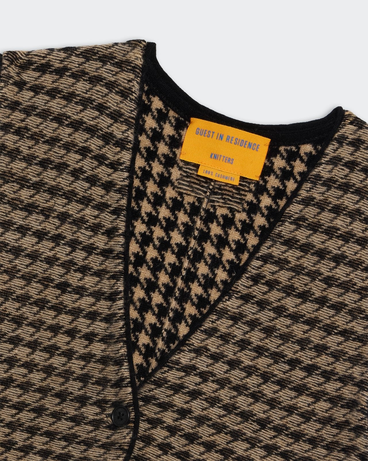 Houndstooth Tailored Vest - Black/Dune with front button closure and jersey rolled neckline in premium cashmere knit.