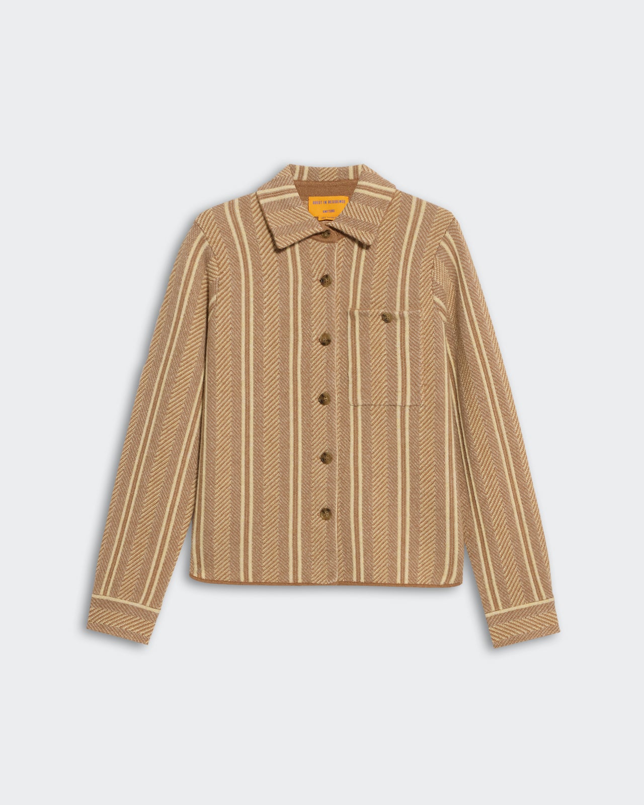 Dylan Stripe Shirt Almond Combo mid-weight women's cashmere button-down with chest pocket and striped pattern