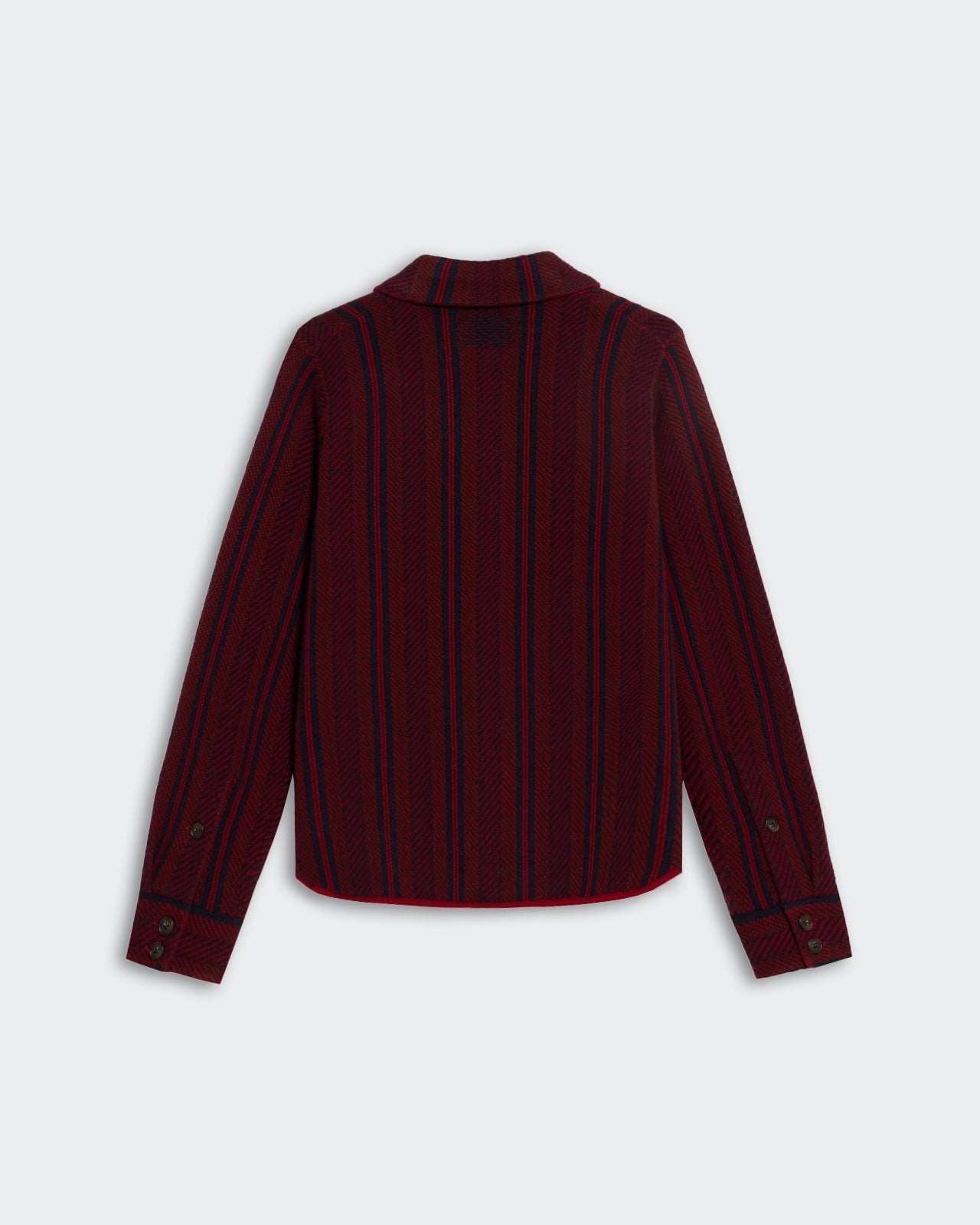 Dylan Stripe Shirt - Ruby Combo shown from the back with red and black vertical stripe pattern and buttoned cuffs.