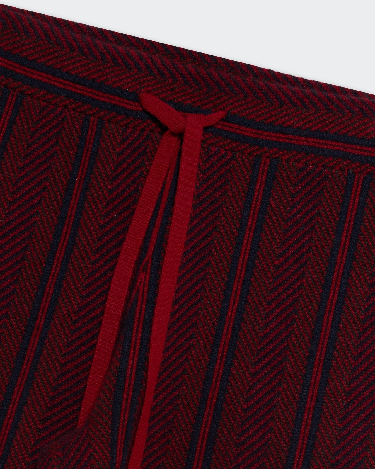 Close-up of striped fabric and tied waistband detail on Stripe Lounge Pant Ruby Combo