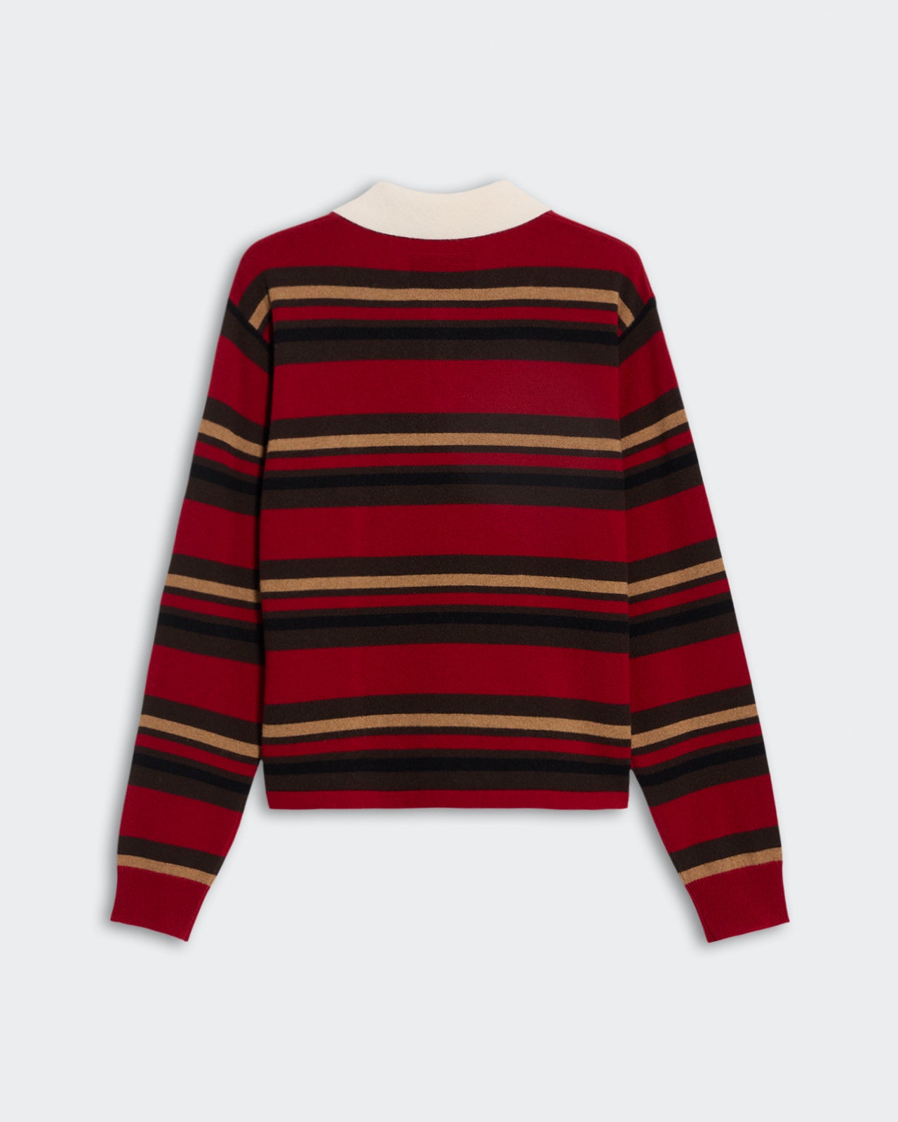 Back view of Cropped Stripe Rugby Ruby Combo sweater with red, black, and brown stripes and cream collar