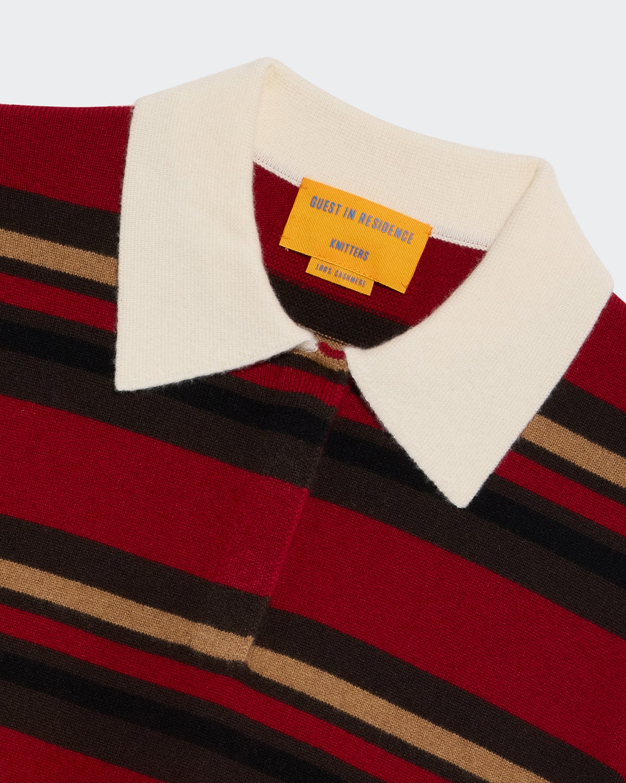 Cropped Stripe Rugby - Ruby Combo with white collar and red, black, and tan horizontal stripes close-up view.