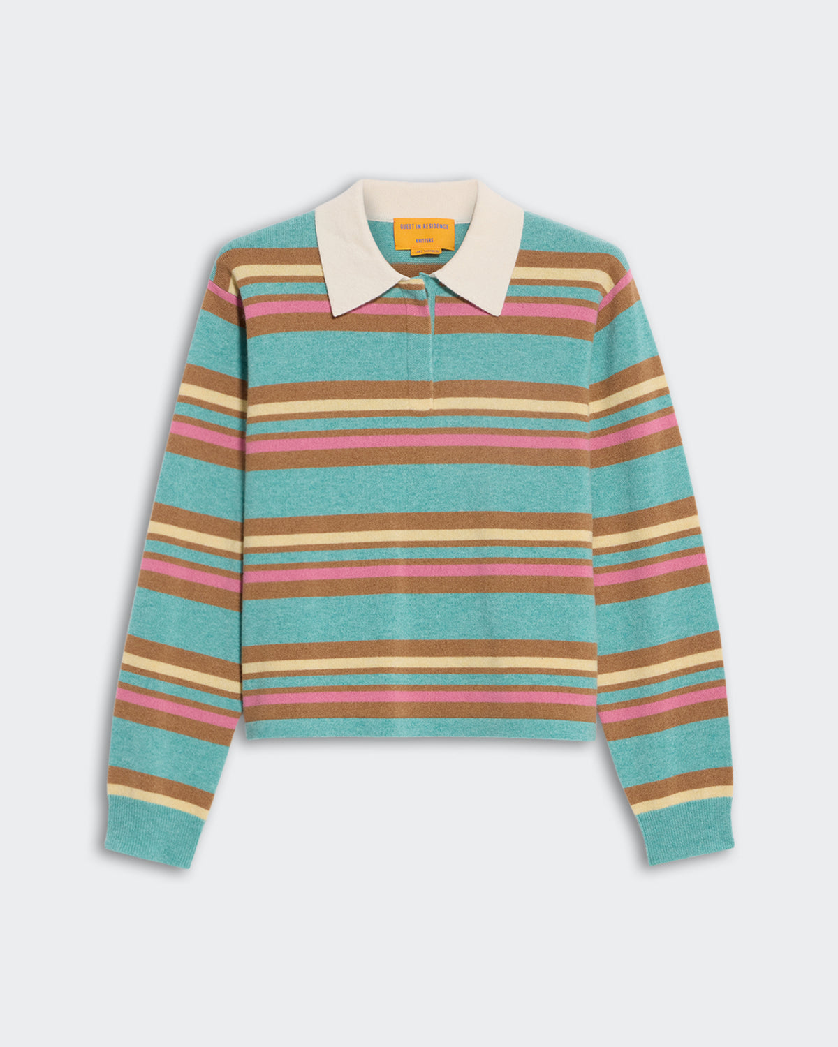 Cropped Stripe Rugby - Glacier Combo with teal, brown, and pink horizontal stripes and white collar on a white background.