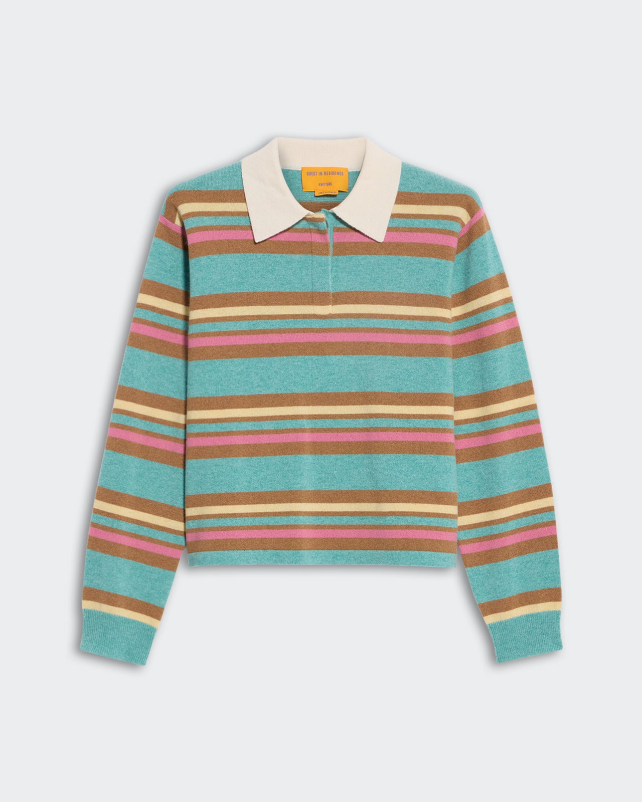 Cropped Stripe Rugby - Glacier Combo with teal, brown, and pink horizontal stripes and white collar on a white background.