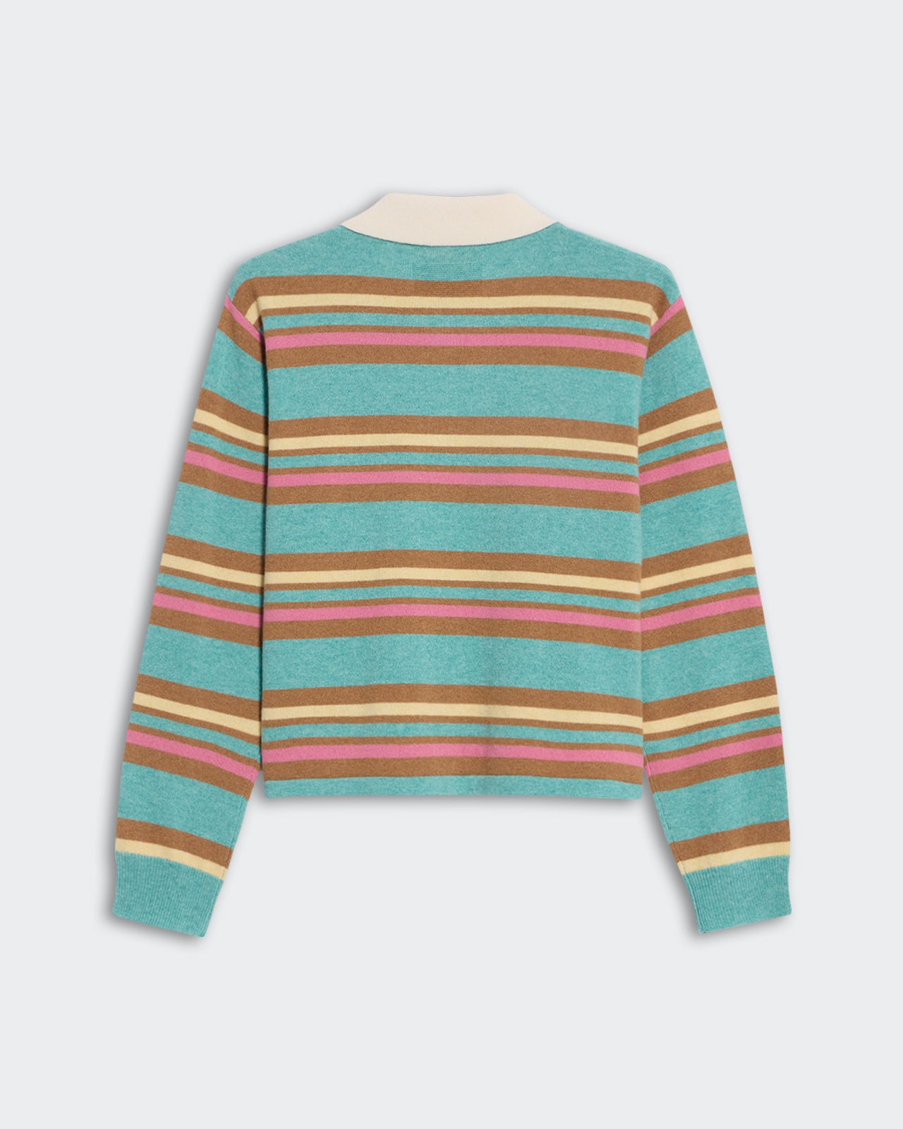 Cropped Stripe Rugby Glacier Combo featuring horizontal stripes in turquoise, brown, pink, beige with a cream collar.