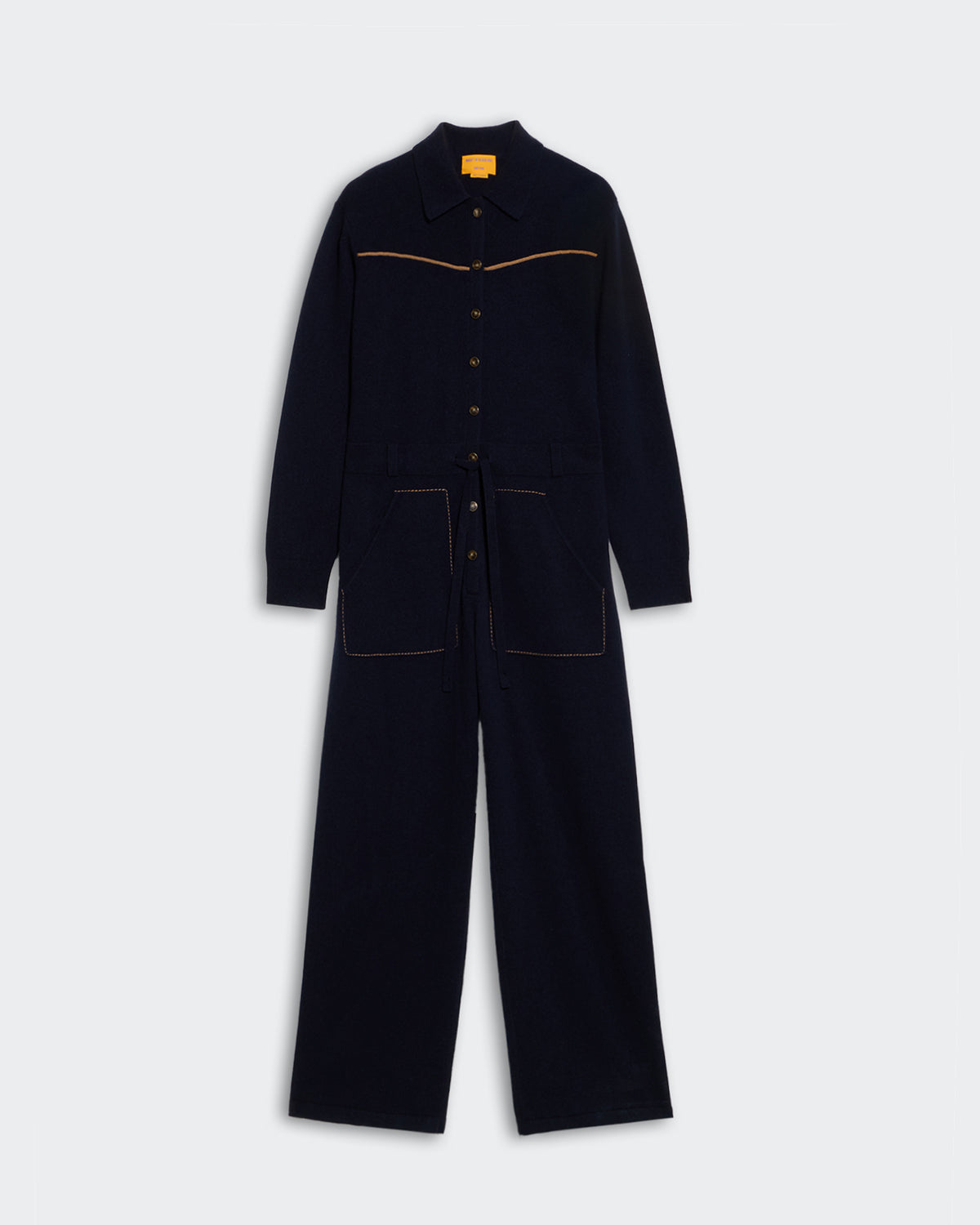 Western Everywear Coverall - Midnight cashmere jumpsuit with ribbed panels, suede piping, snap front, and drawstring waistband.