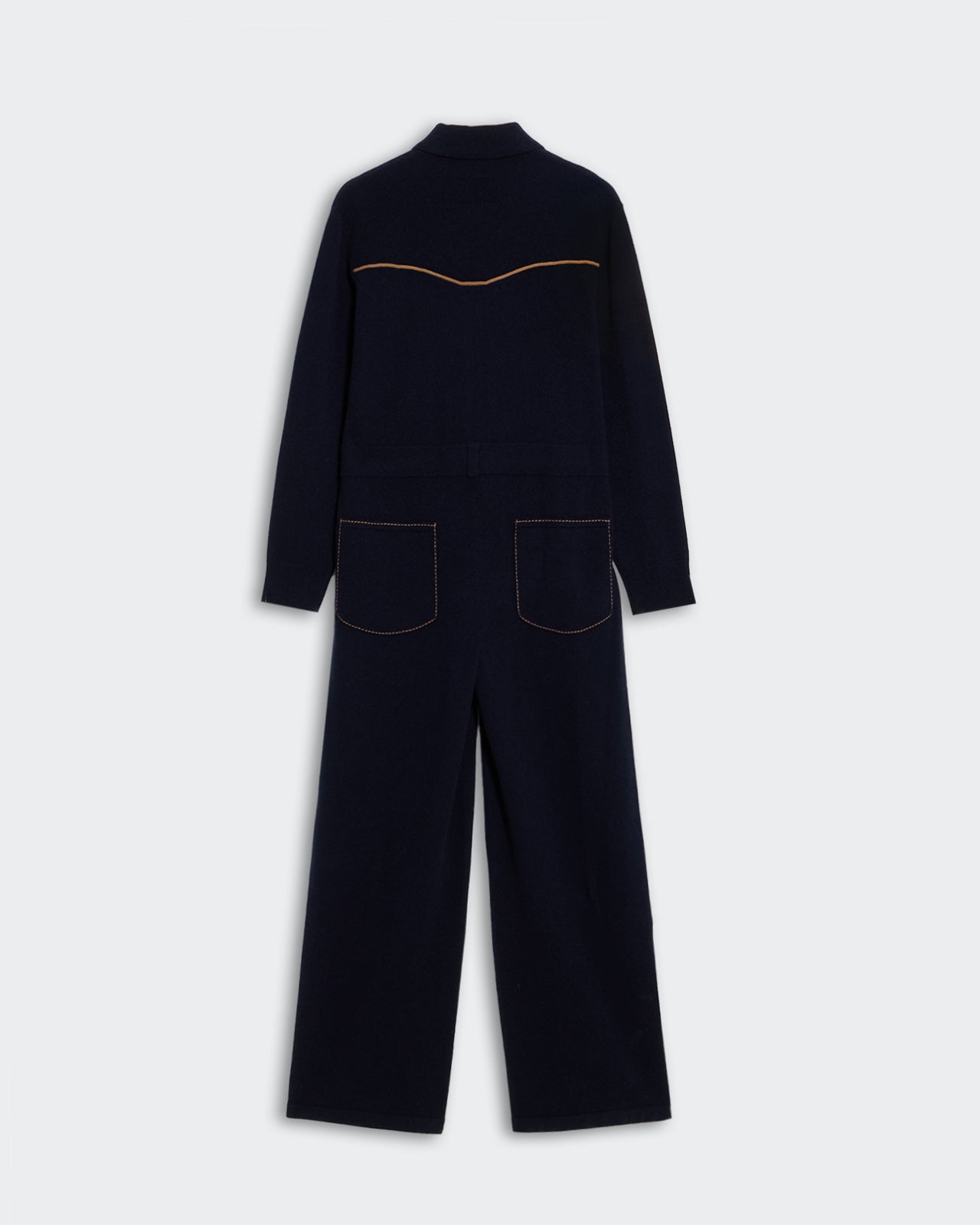 Western Everywear Coverall - Midnight women's cashmere jumpsuit with contrast stitching and back patch pockets shown flat.