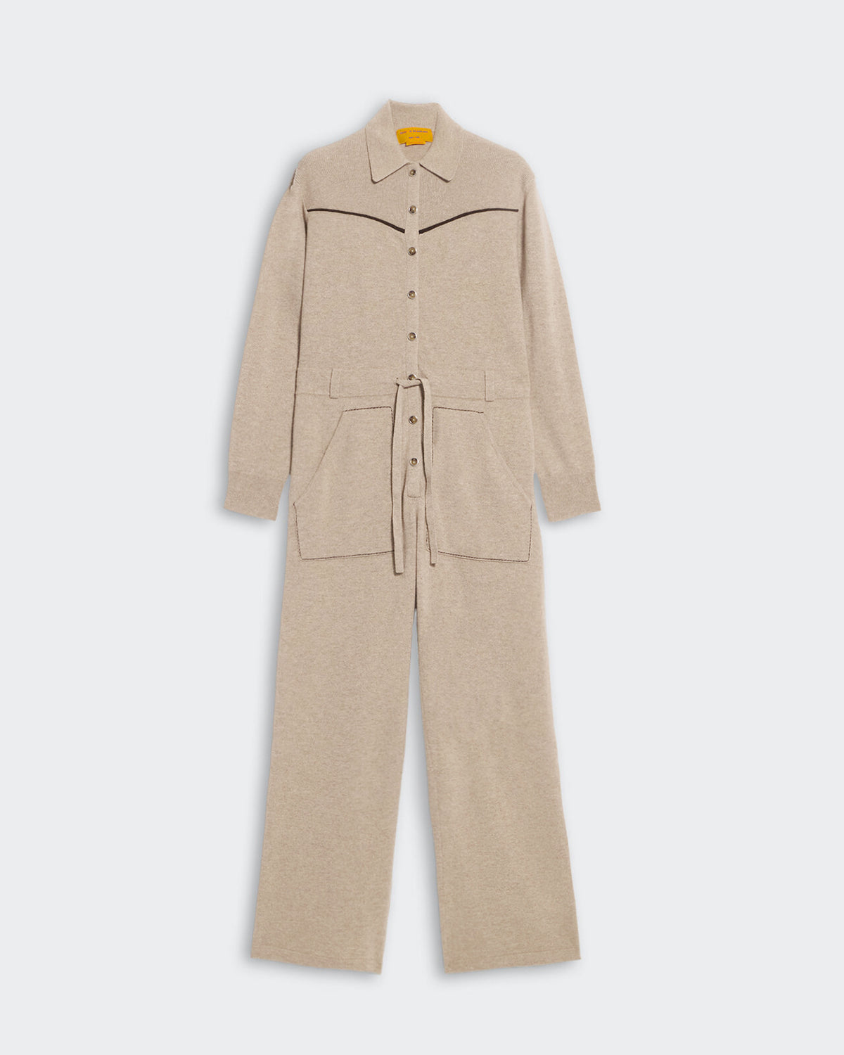 Taupe women’s cashmere jumpsuit with Western style yoke, button front, ribbed collar, and front pockets.