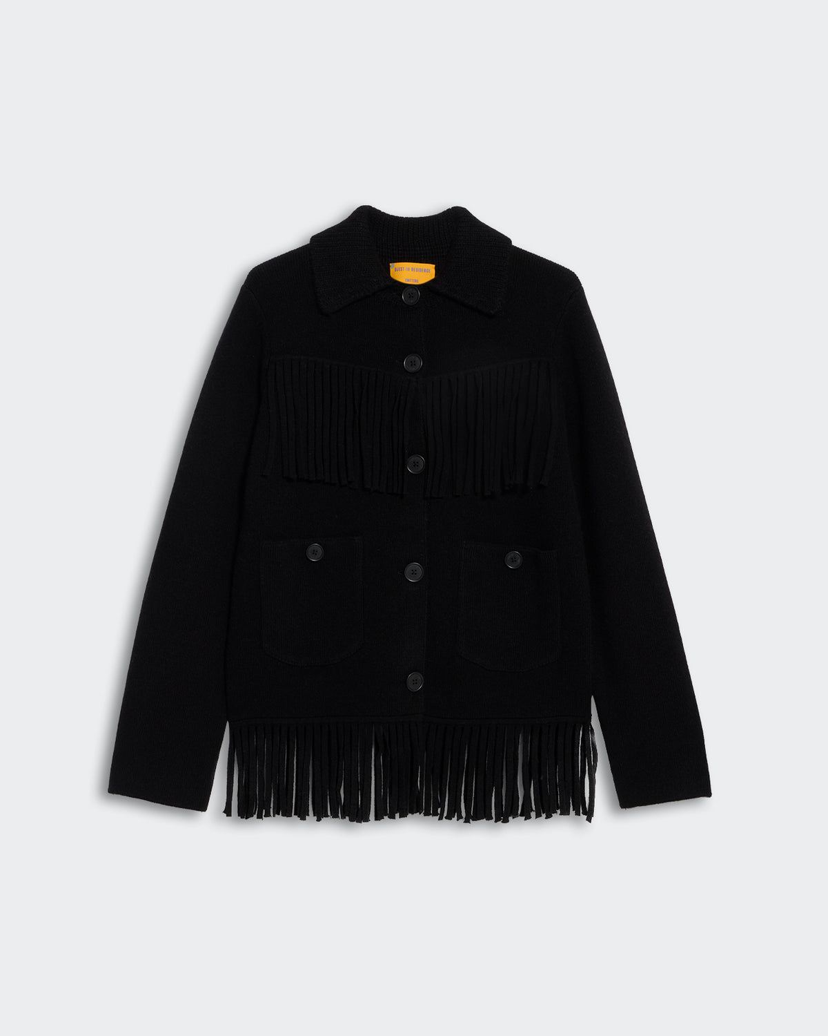 Western Fringe Jacket - Black with button front, chest fringe detail, and fringe hem on a plain background.