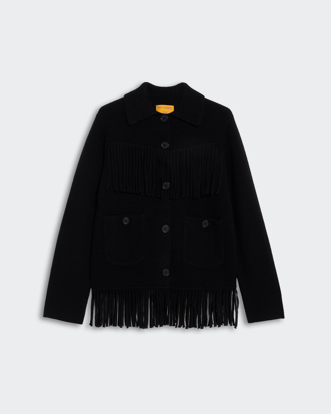 Western Fringe Jacket - Black with button front, chest fringe detail, and fringe hem on a plain background.