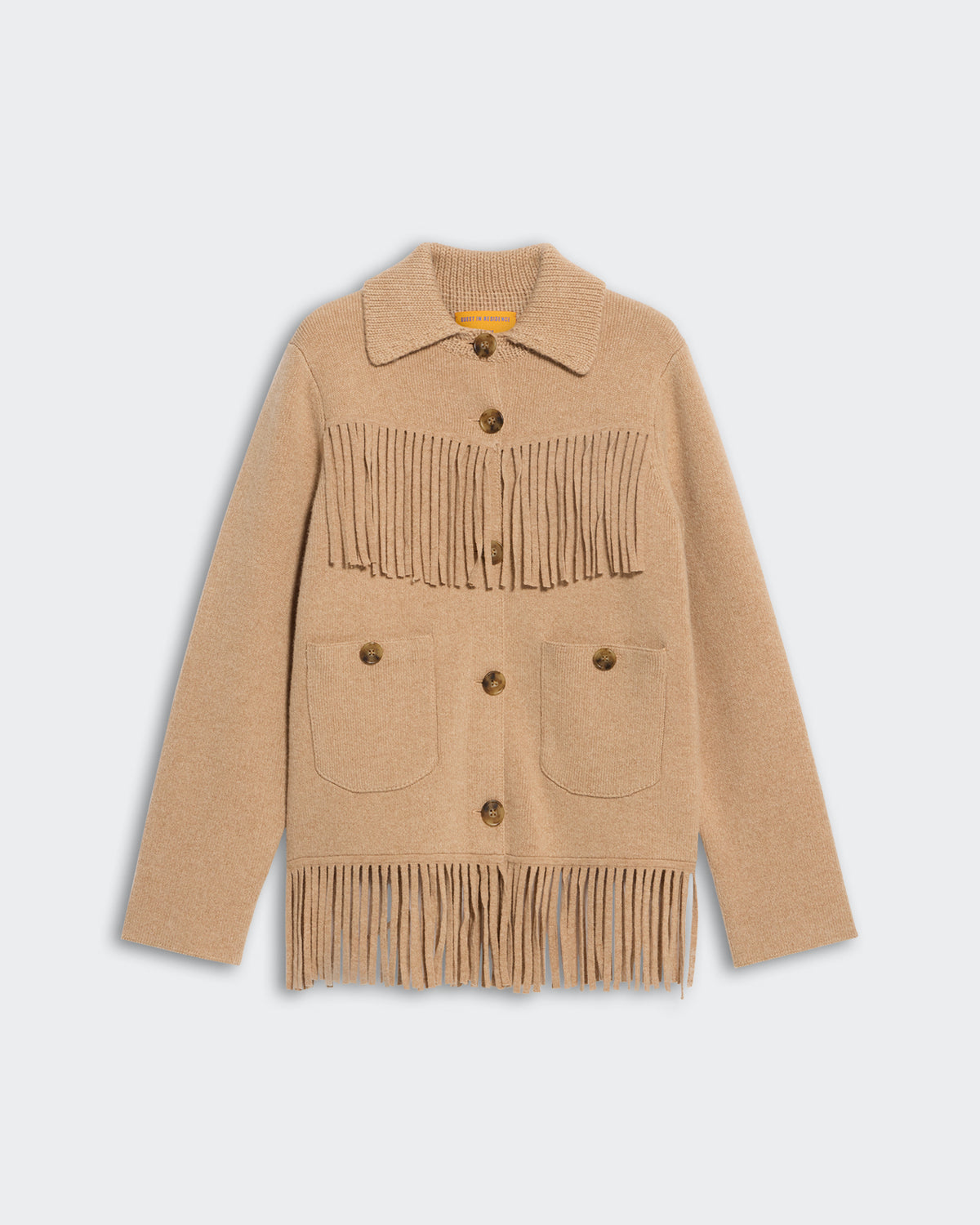 Western Fringe Jacket - Dune in cashmere blend with knitted fringe, front pockets, buttons, and collar on a light background.