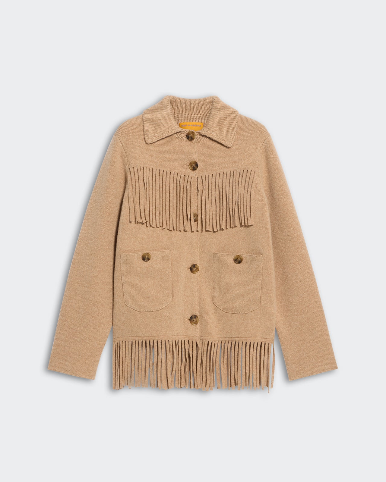 Western Fringe Jacket - Dune in cashmere blend with knitted fringe, front pockets, buttons, and collar on a light background.