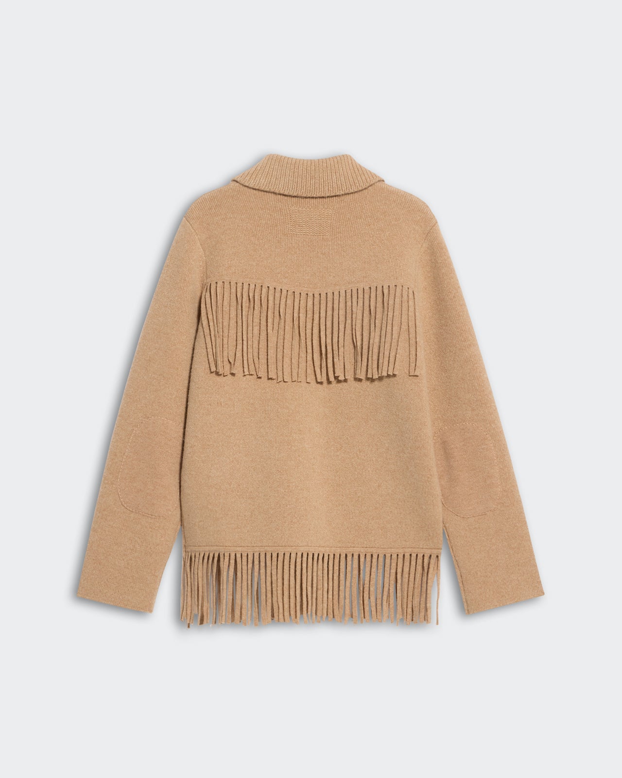 Western Fringe Jacket - Dune in camel color with knitted fringe at yoke and hem, heavy-weight cashmere blend knit.