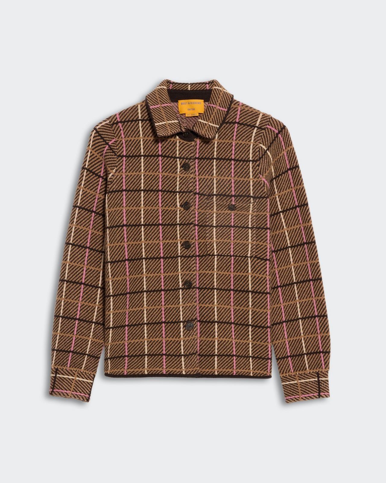 Dylan Plaid Shirt Burnt Cocoa Combo featuring brown plaid pattern with pink and cream lines, button-up front and collar design.