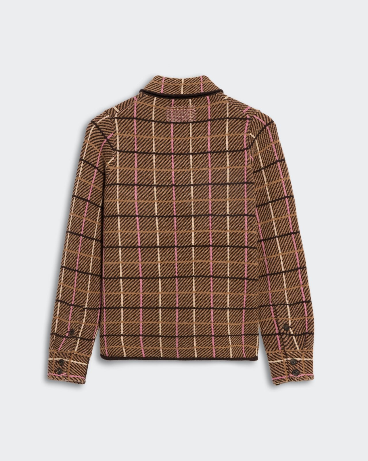 Dylan Plaid Shirt - Burnt Cocoa Combo showing the back with brown, beige, and pink plaid pattern and long sleeves.