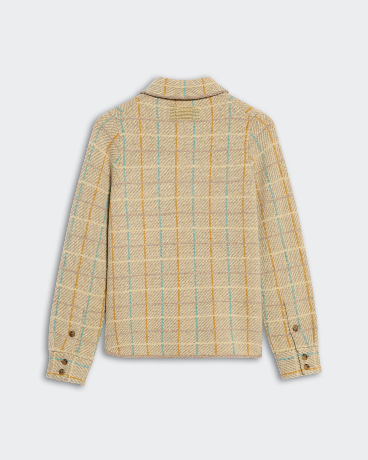 Dylan Plaid Shirt - Taupe Combo displayed from the back, featuring a taupe, yellow, and blue plaid pattern.