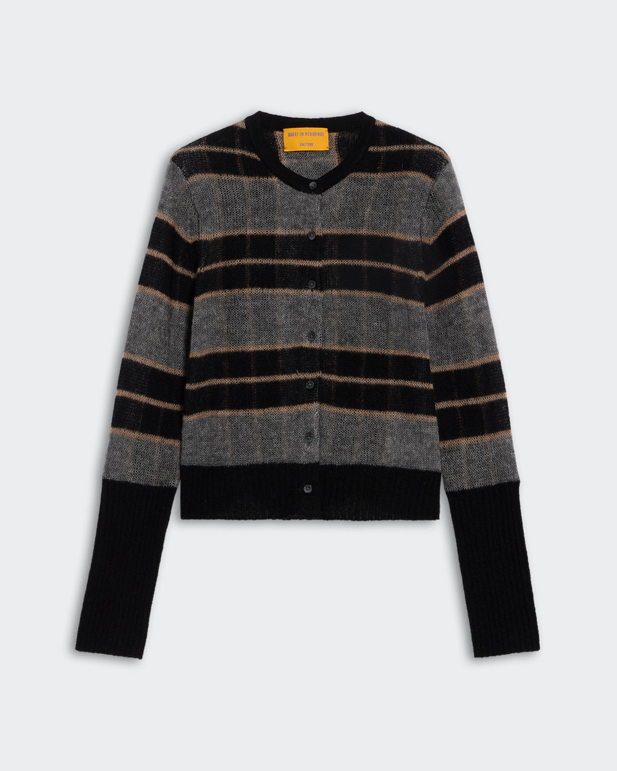 Shadow Plaid Cardigan - Black Combo, lightweight cashmere blend with shadow plaid pattern and ribbed trim details.