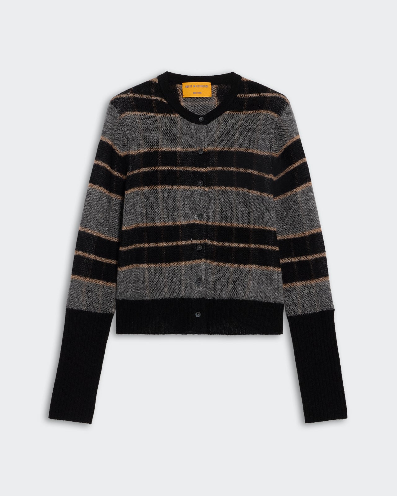 Shadow Plaid Cardigan - Black Combo, lightweight cashmere blend with shadow plaid pattern and ribbed trim details.