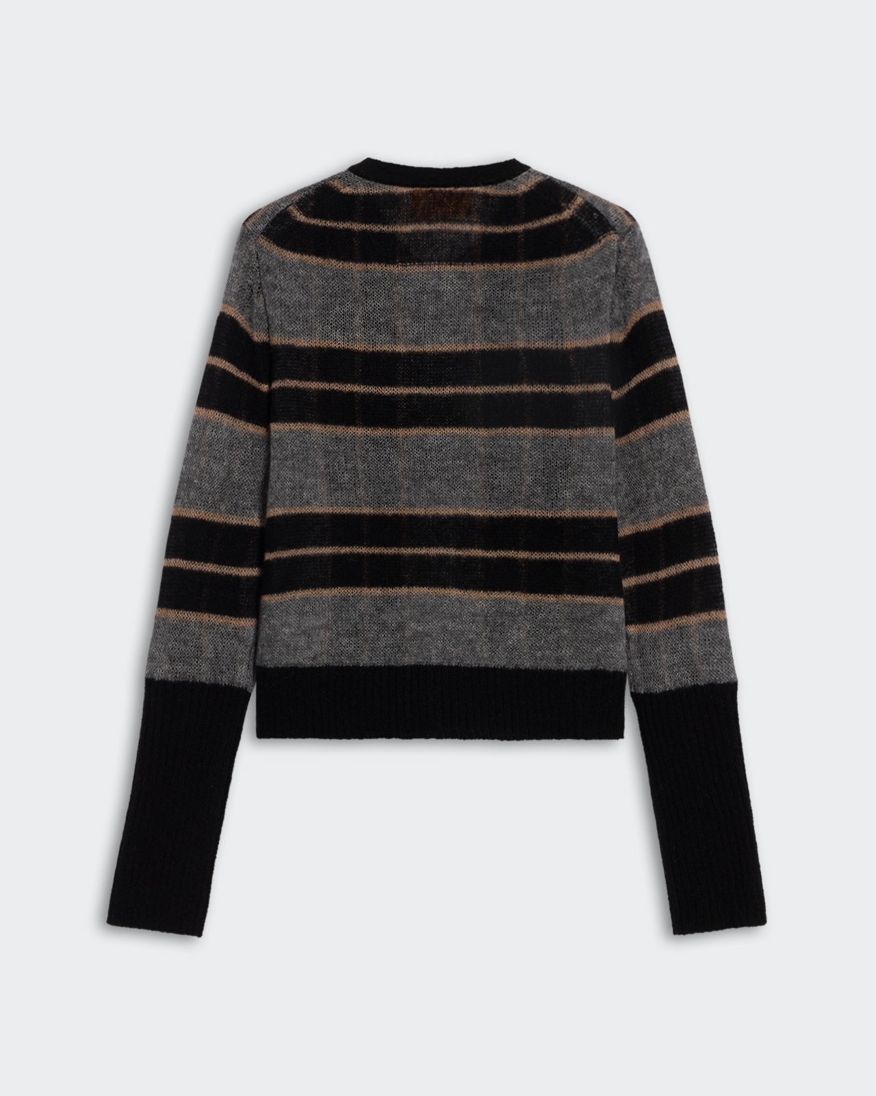 Shadow Plaid Cardigan - Black Combo showing back view, lightweight cashmere blend with shadow plaid pattern and ribbed trim.