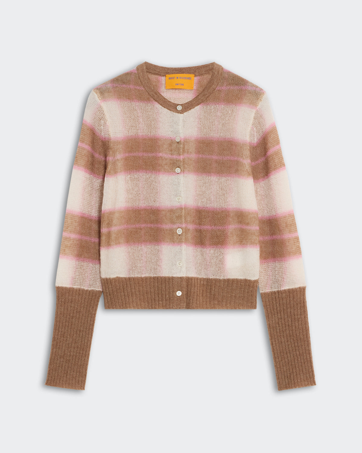 Shadow Plaid Cardigan - Taupe Combo cashmere blend with shadow plaid pattern and ribbed trim in taupe and cream colors.
