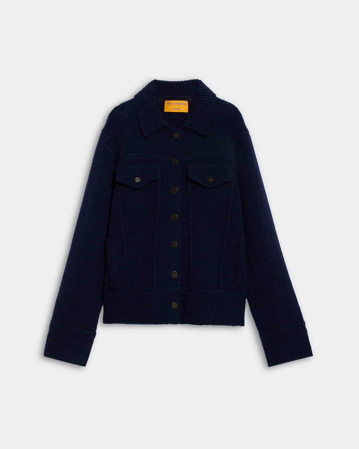 Jean Jacket - Midnight" women's heavyweight cashmere blend jacket with welt detailing, chest pockets, and ribbed cuffs.