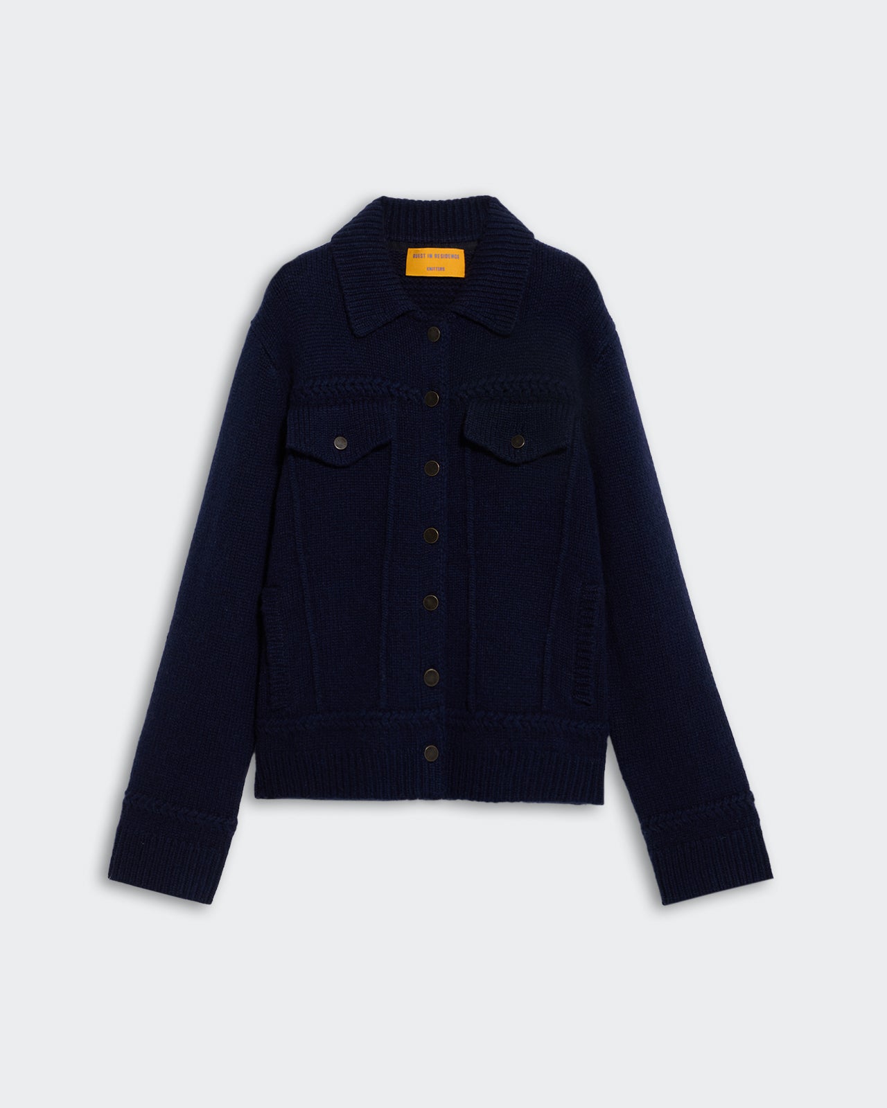Jean Jacket - Midnight" women's heavyweight cashmere blend jacket with welt detailing, chest pockets, and ribbed cuffs.