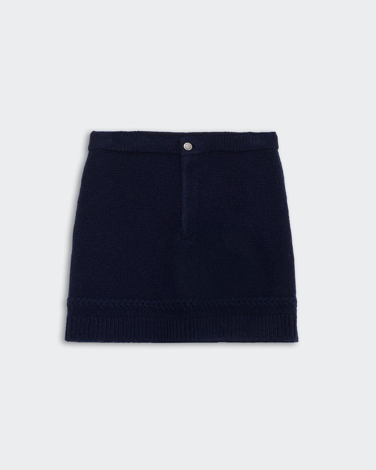 Jean Mini Skirt - Midnight" cashmere blend mini skirt with braided detail and ribbed hem in dark navy blue.