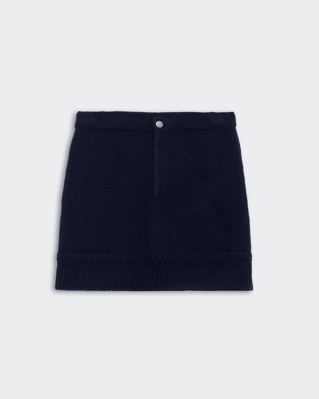 Jean Mini Skirt - Midnight" cashmere blend mini skirt with braided detail and ribbed hem in dark navy blue.