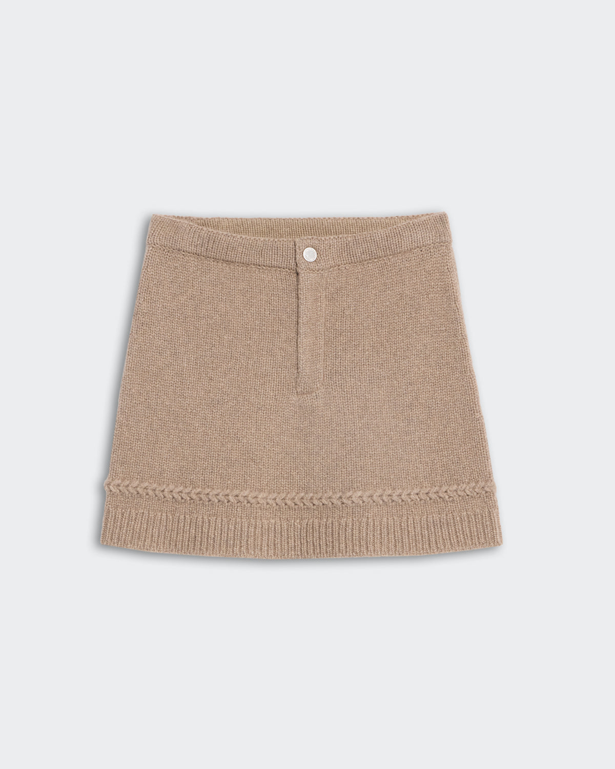 Jean Mini Skirt - Taupe in knitted fabric with button closure and textured hem detail on light background