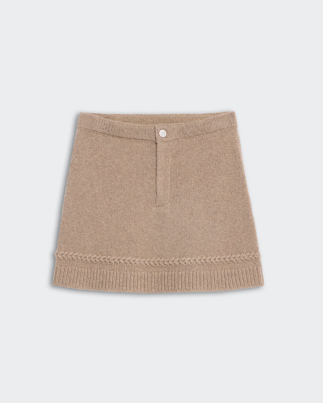 Jean Mini Skirt - Taupe in knitted fabric with button closure and textured hem detail on light background