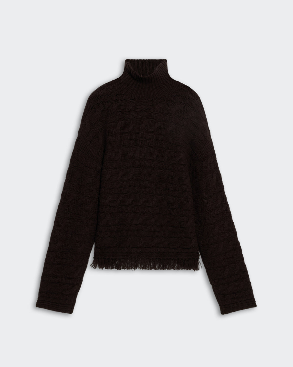 Cropped Cable Turtleneck Burnt Cocoa women's heavy-weight wool and cashmere sweater with fringe hem and cable knit design.