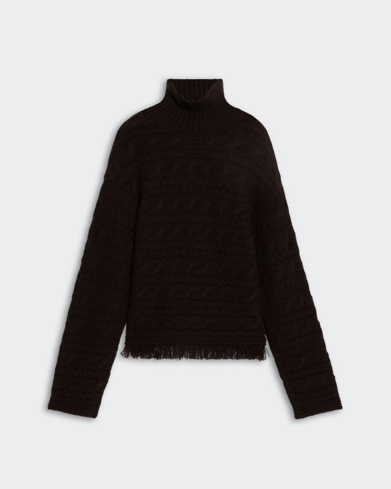 Cropped Cable Turtleneck Burnt Cocoa women's heavy-weight wool and cashmere sweater with fringe hem and cable knit design.