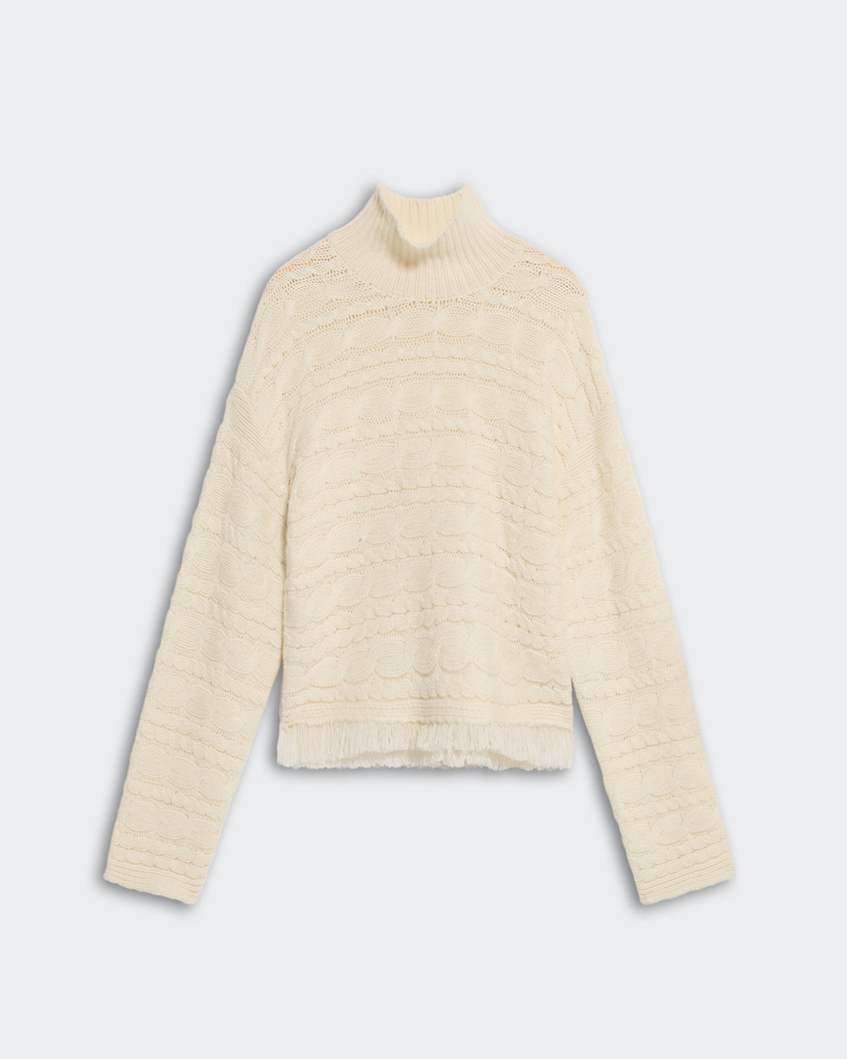 Cropped Cable Turtleneck Cream sweater with heavy-weight wool cashmere blend and rib collar on soft background