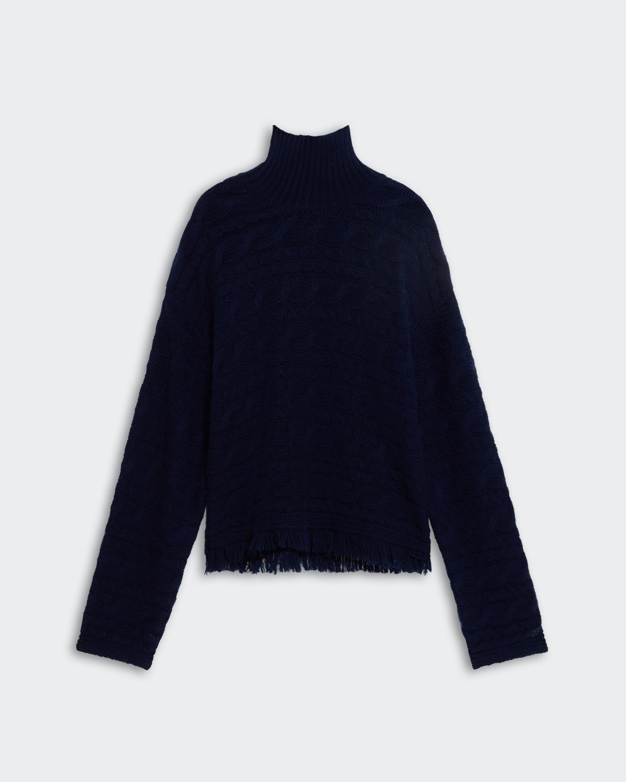 Cropped Cable Turtleneck - Midnight, women’s heavy-weight cashmere cable knit sweater with rib collar and fringe hem.